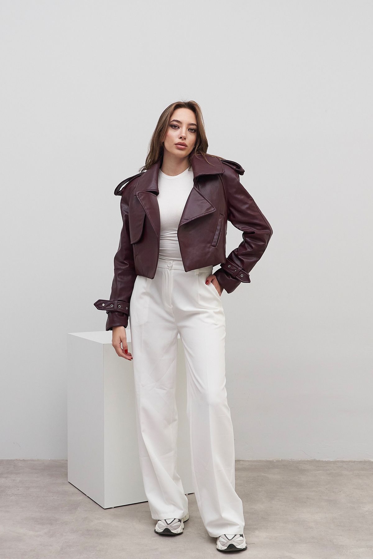 Rabia Çelik-Women's Burgundy Leather Jacket with Ankle Belt and Shoulder Detail 3