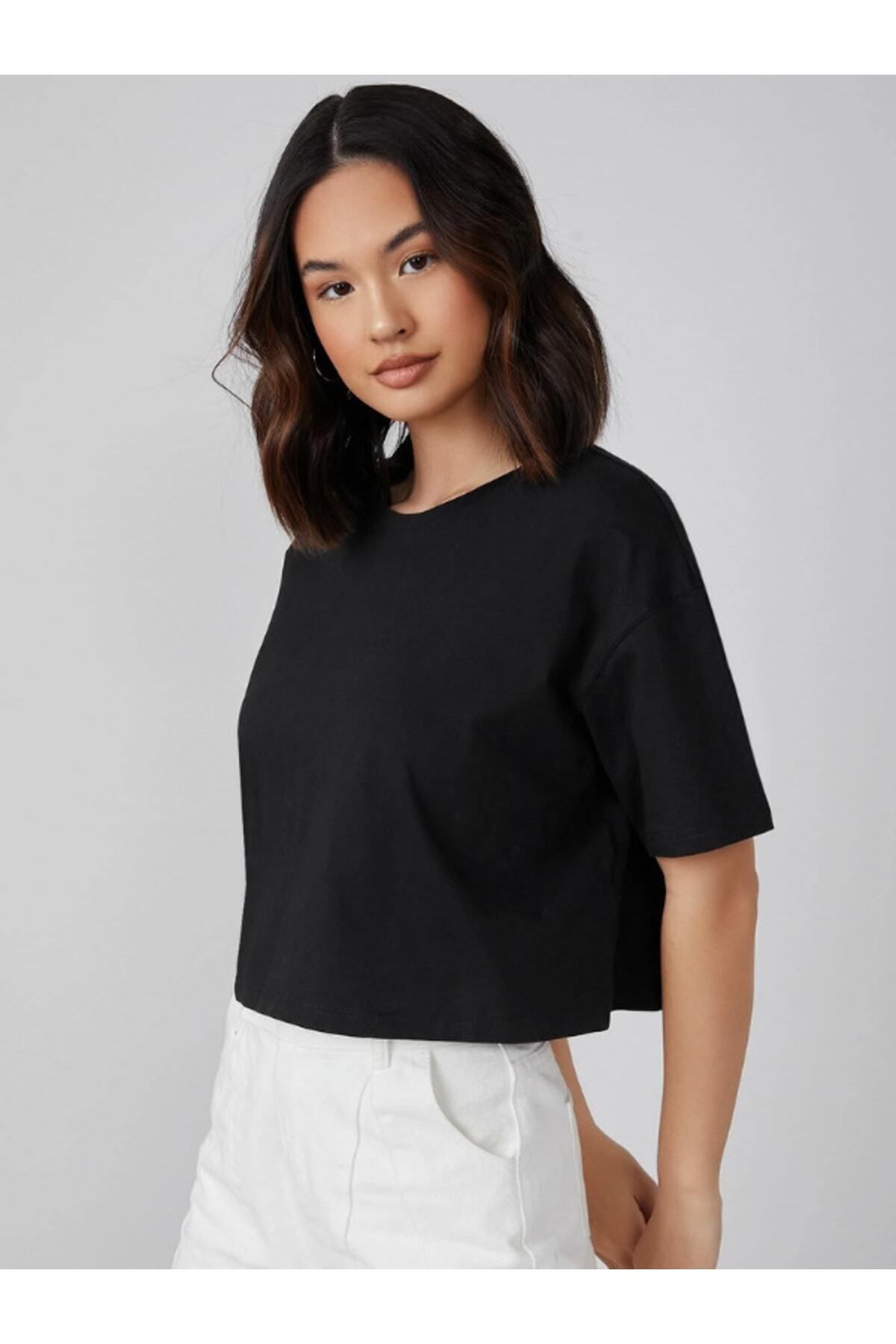 CC STORE Baskısız Oversize Crop T-shirt