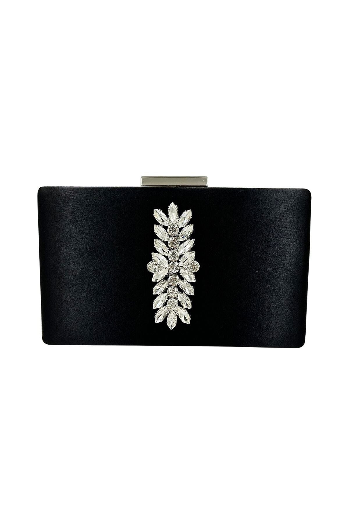 Wedding Fashion Siyah Renk Saten Gümüş Kasalı Gümüş Taşlı Abiye Çanta Clutch Mezuniyet Balo Portföy