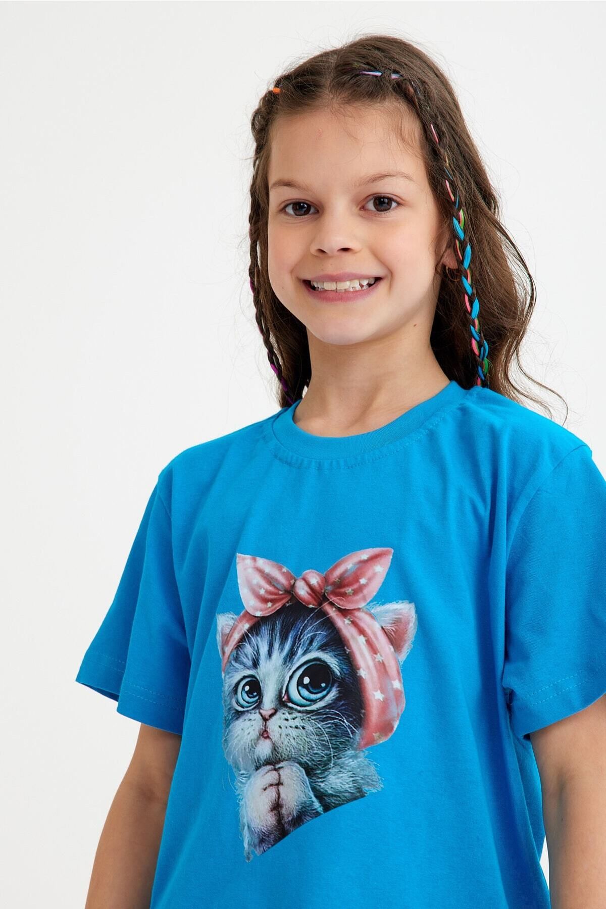 LUCKYPORT-Pink Ribbon Cat Printed Children's T-Shirt for Ages 5 - 15 1