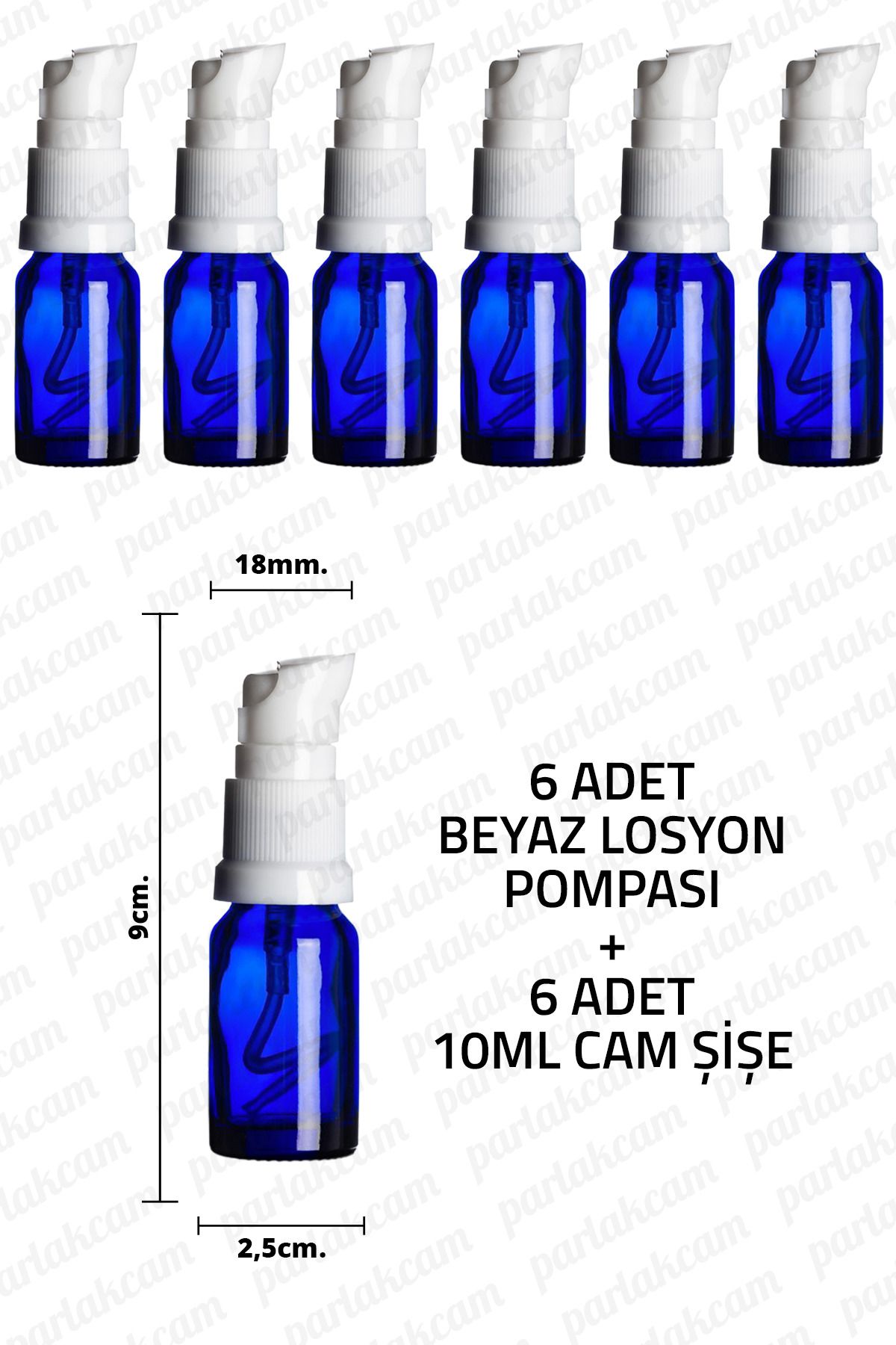 parlakcam 10ml Beyaz Losyon Pompası Mavi Cam Şişe 10cc Beyaz Krem Pompası Başlıklı Mavi Cam Şişe 6 Adet