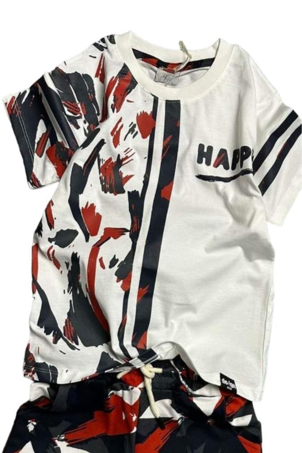 Riccotarz-Boy's Happy Text and Camouflage Patterned Red Shorts Set with Pockets 2