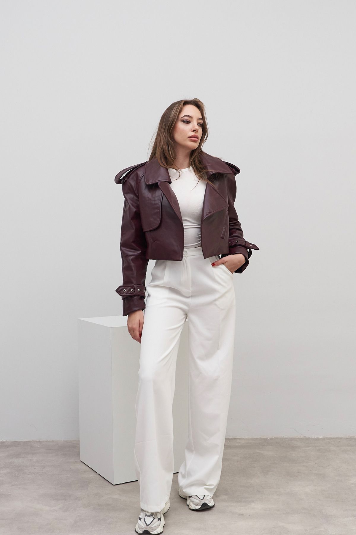 Rabia Çelik-Women's Burgundy Leather Jacket with Ankle Belt and Shoulder Detail 1