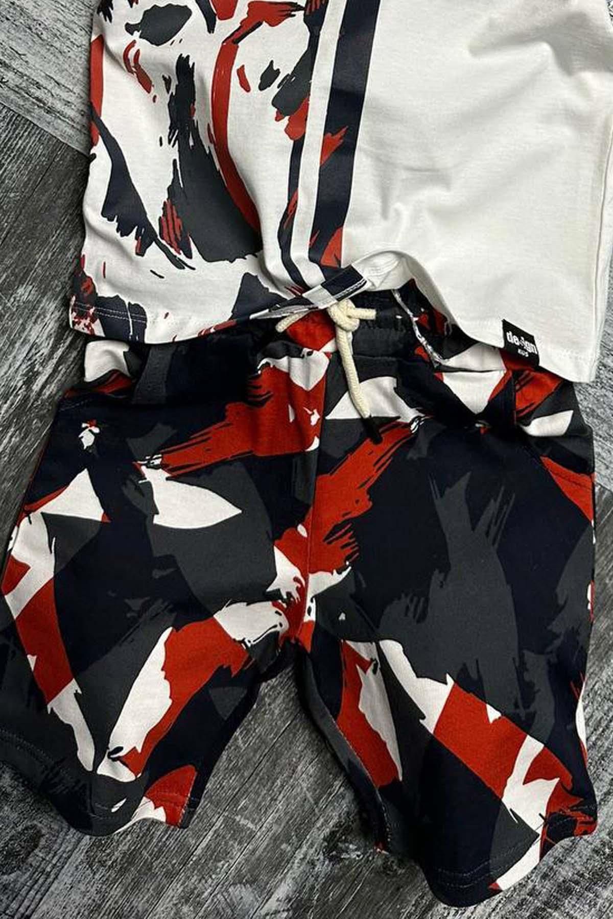 Riccotarz-Boy's Happy Text and Camouflage Patterned Red Shorts Set with Pockets 6