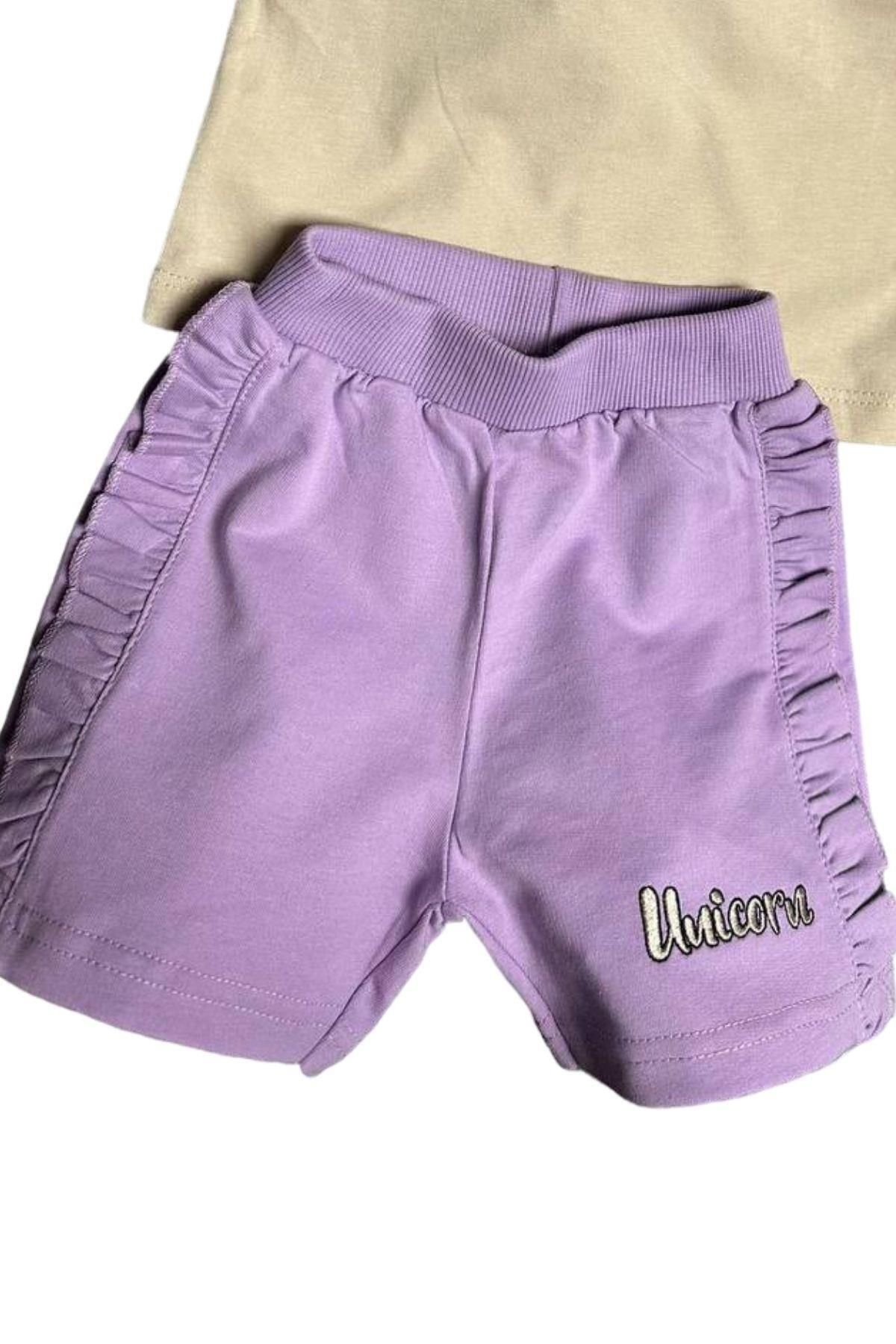 Riccotarz-Baby Girl Unicorn Embroidery Embroidered T-Shirt Set with Ruffled Sides Lilac Shorts 3