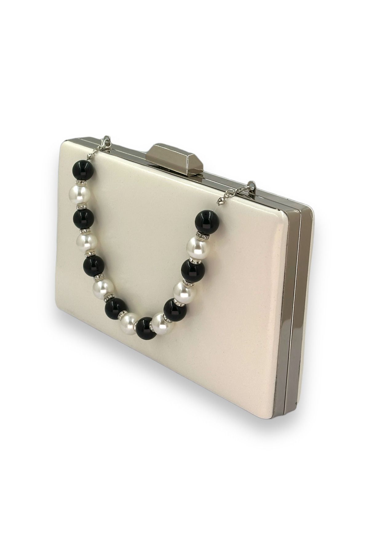 Wedding Fashion-Beige Matte Skin Leather Evening Dress Bag Pearl Portfolio Clutch Graduation Prom 2