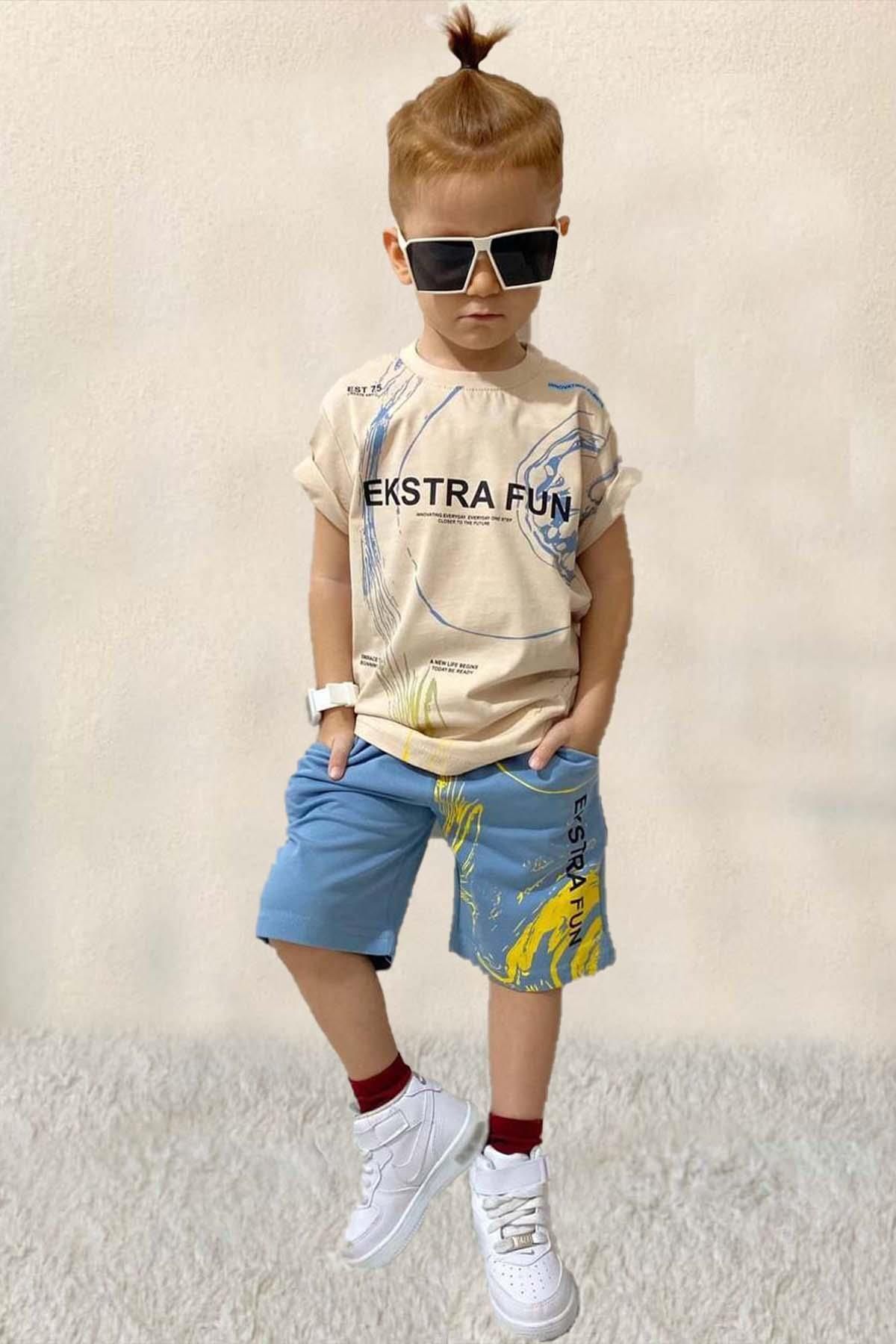 Riccotarz-Boy's Extra Fun Text and Digital Printed T-Shirt Set with Blue Shorts 1