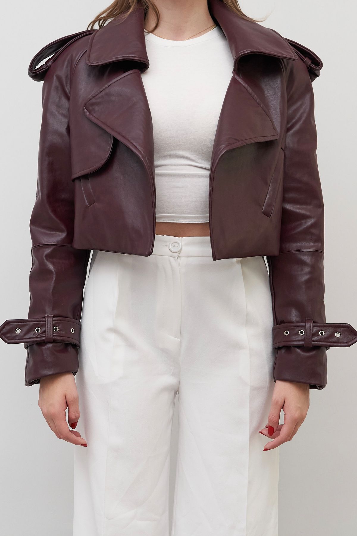 Rabia Çelik-Women's Burgundy Leather Jacket with Ankle Belt and Shoulder Detail 7