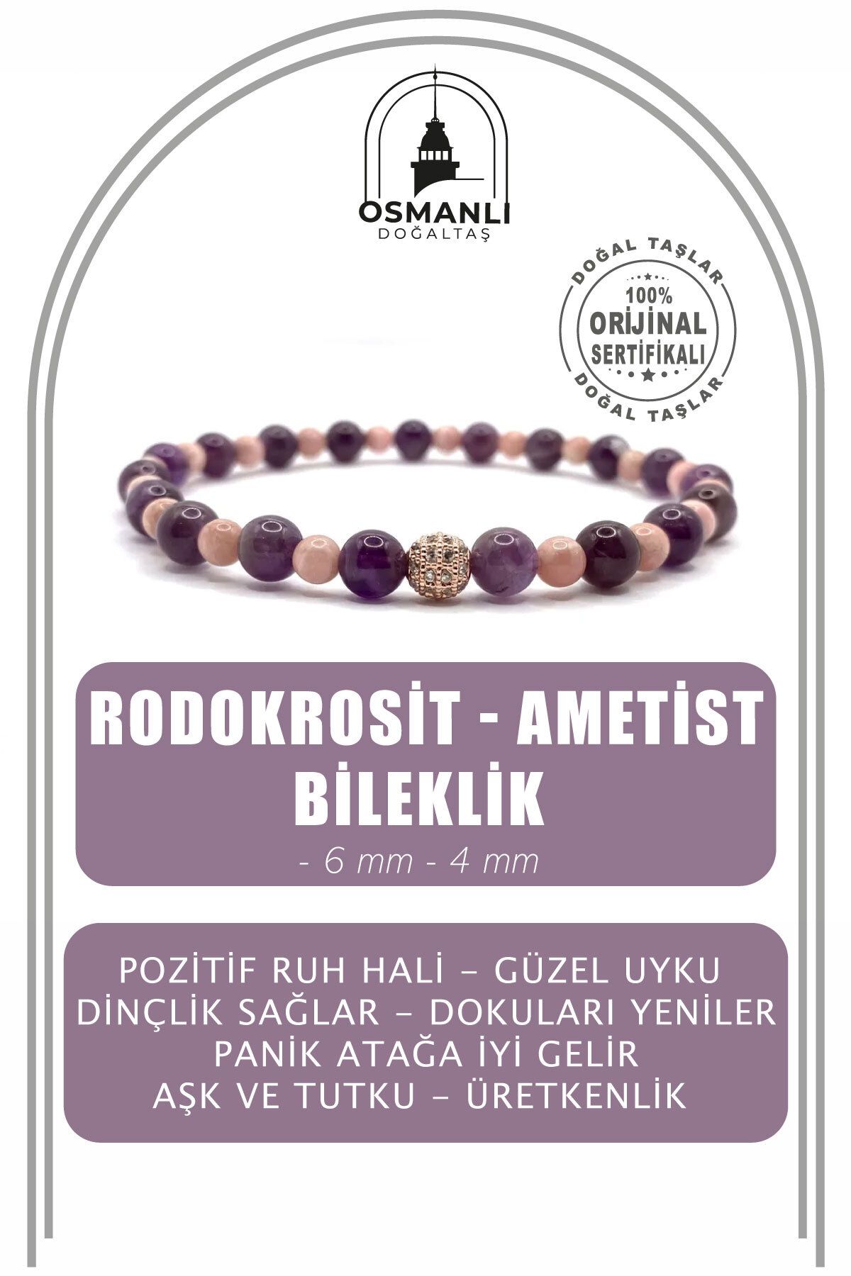 OSMANLI DOĞAL TAŞ-4mm 6mm Genuine Original Rhodochrocite Amethyst Natural Stone Line Bracelet 1