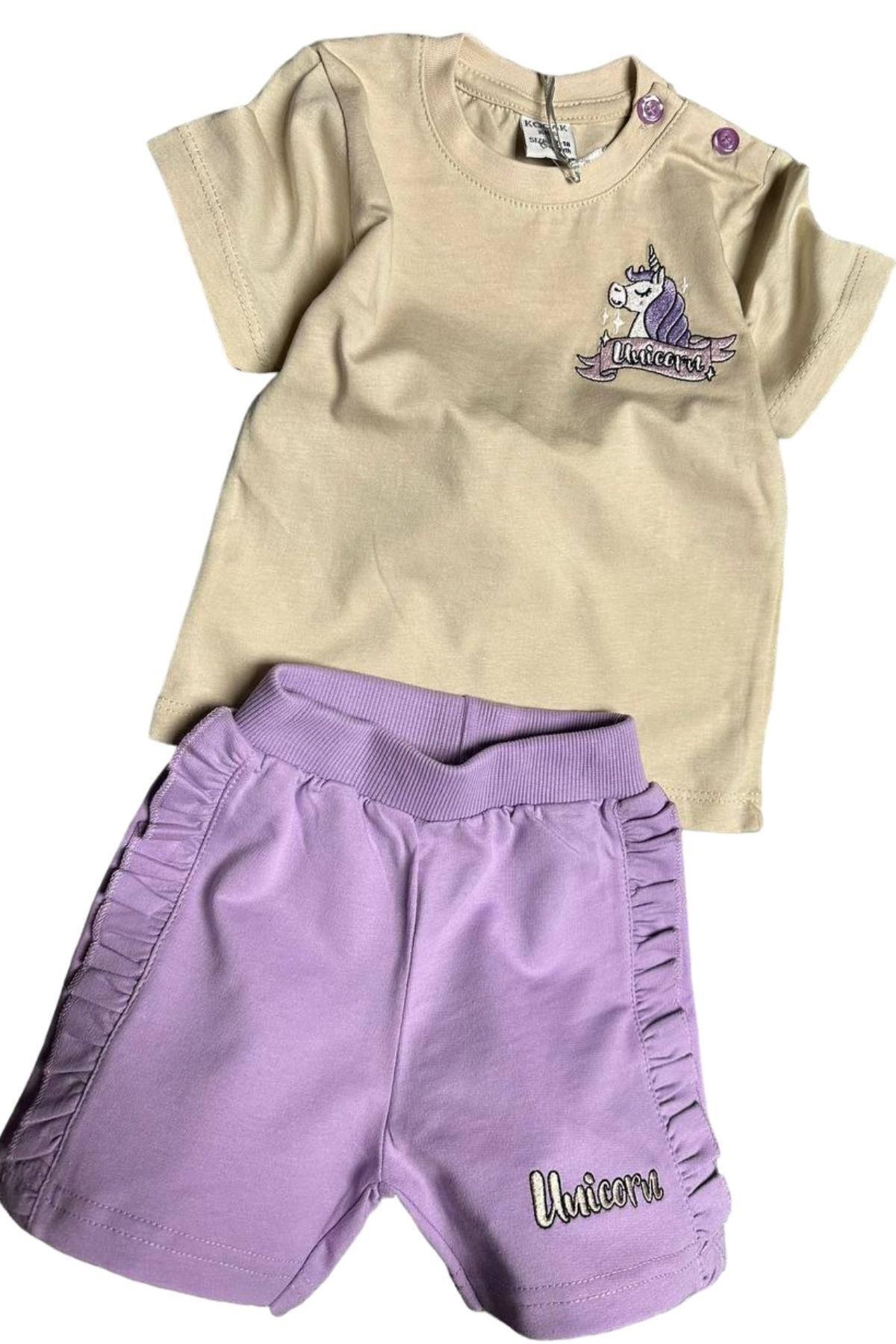 Riccotarz-Baby Girl Unicorn Embroidery Embroidered T-Shirt Set with Ruffled Sides Lilac Shorts 1