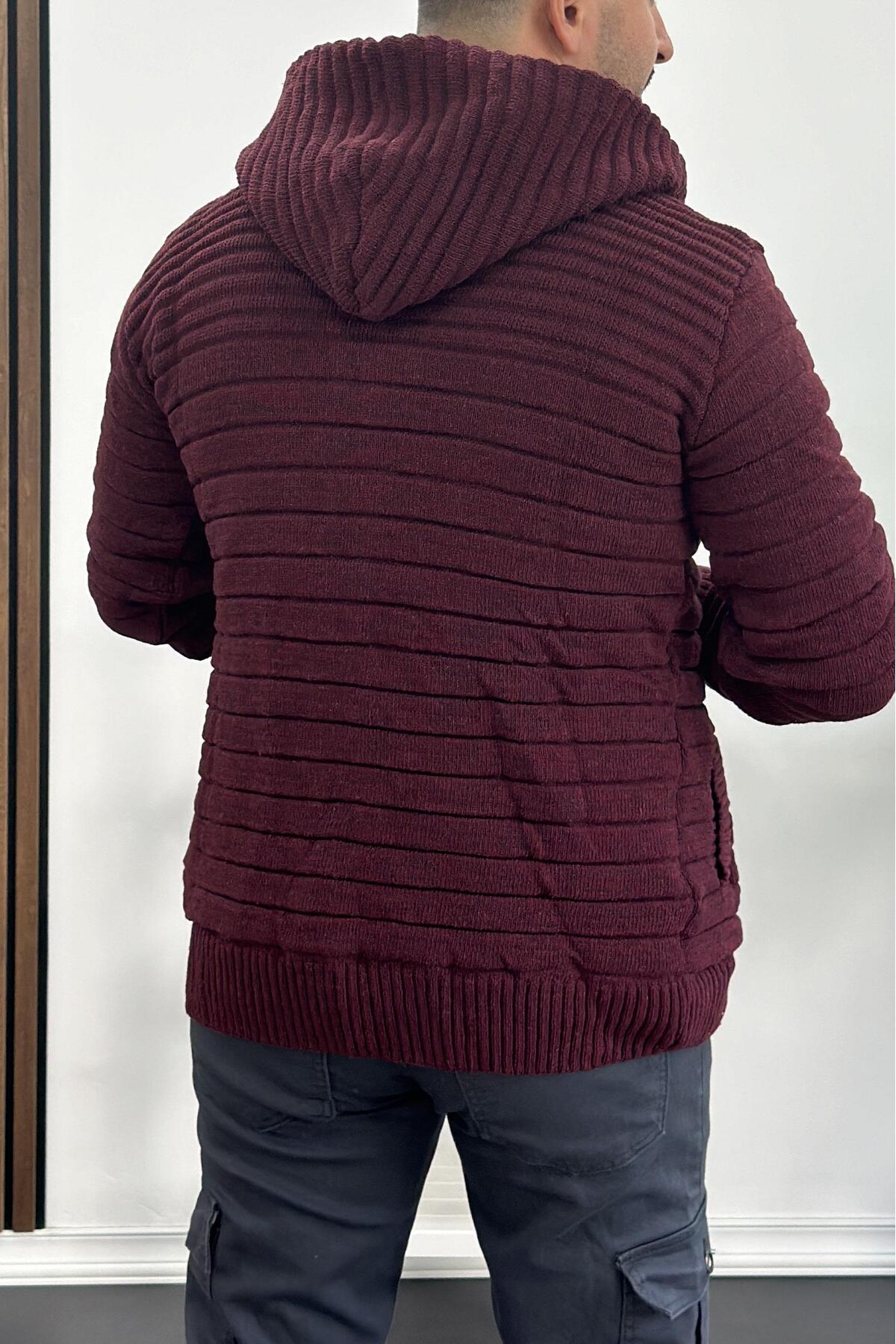 ژاکت کشباف شرابی بافتنی کلاهدار مردانه T743 — زرشکی EDWOX02948GYM — تصویر 5 از 5