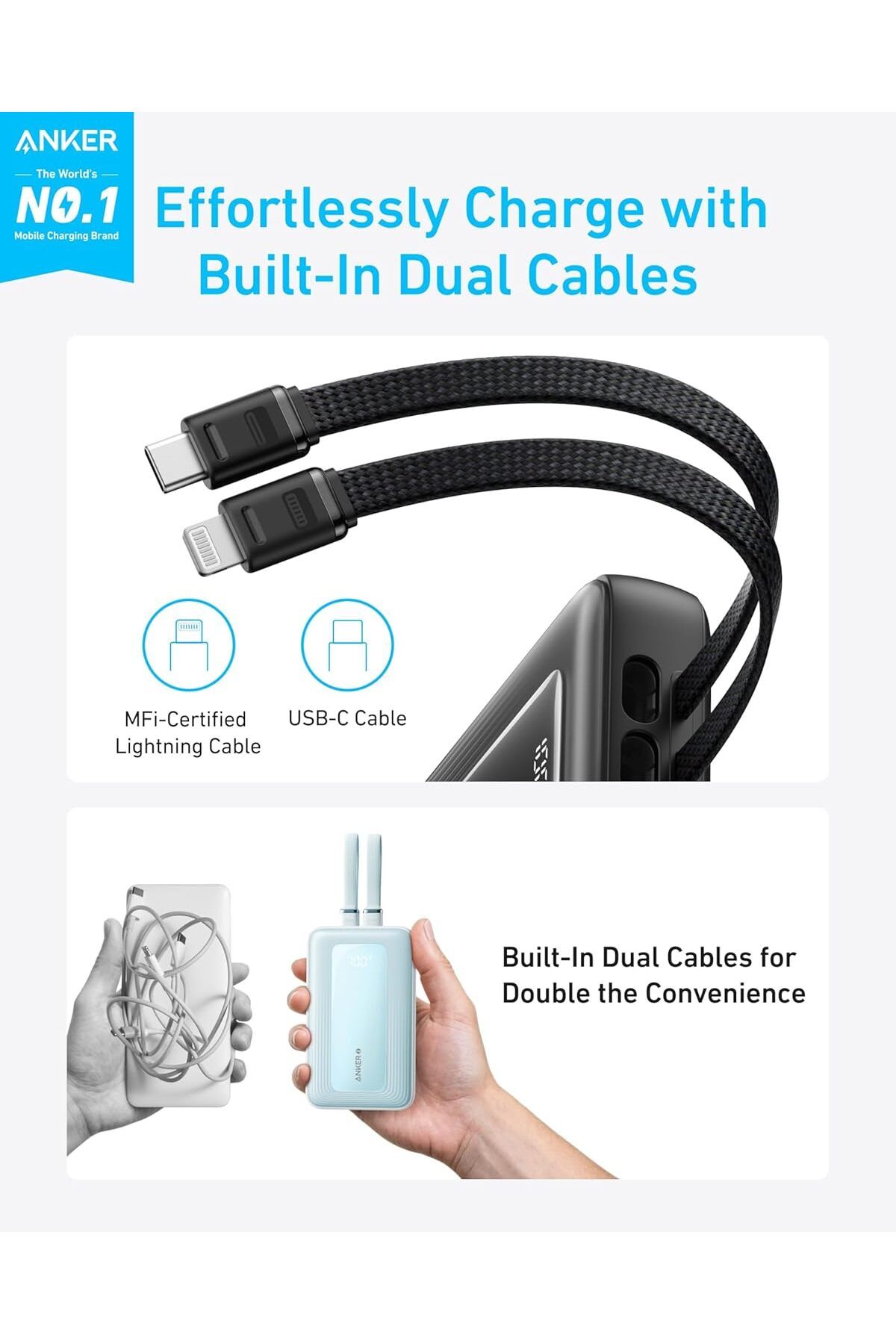 Anker-Zolo Power Bank with Built-in USB-C & Lightning Cables, 20,000mAh & 30W Max, Black 2