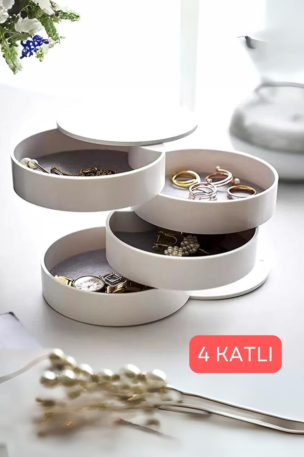 ongu home 4 Katlı Silindir Takı Düzenleyici Makyaj Organizeri Yüzük Küpe Takı Kutusu