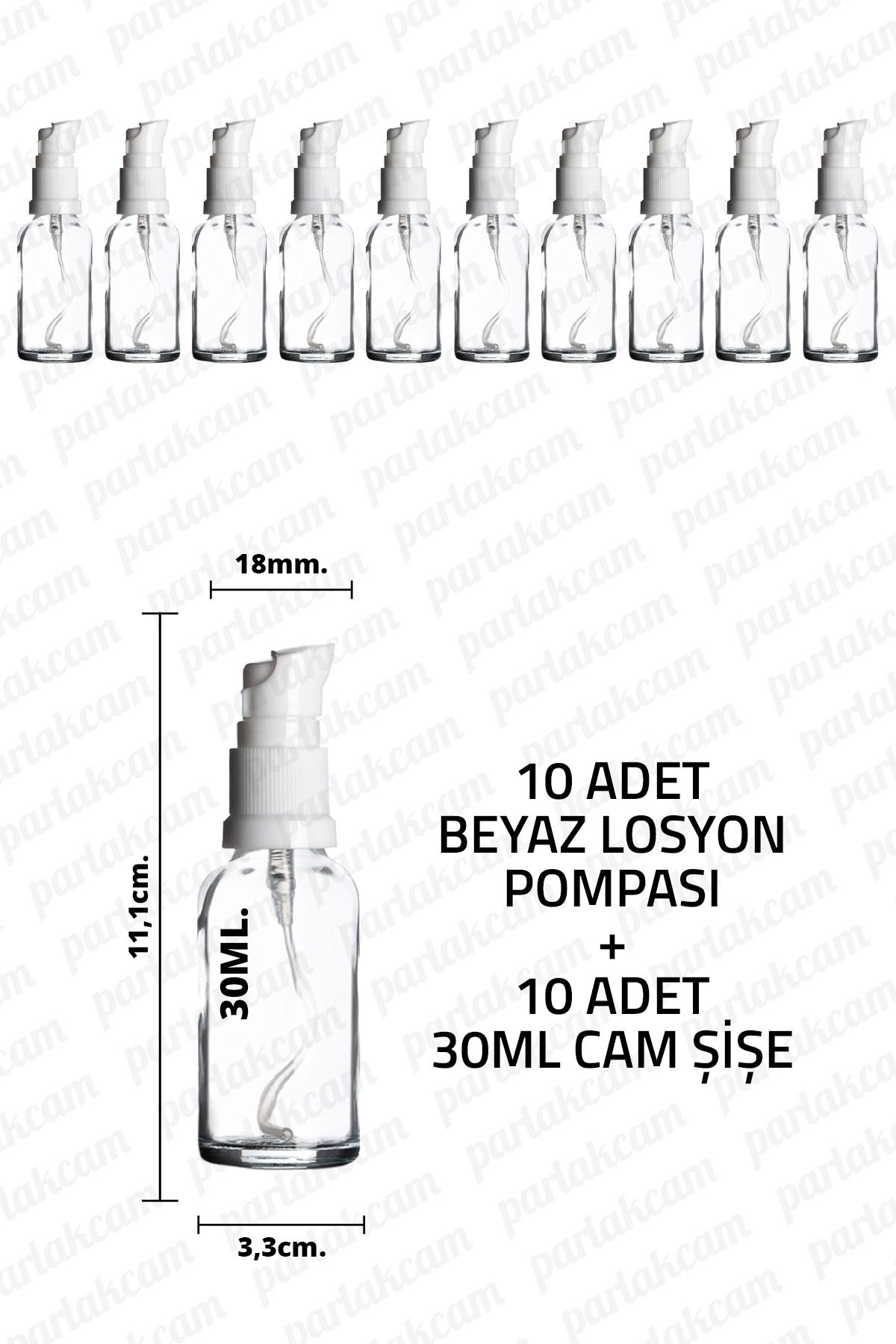 parlakcam 30ml Beyaz Losyon Pompası Şeffaf Cam Şişe 30cc Beyaz Krem Pompası Başlıklı Şeffaf Cam Şişe 10 Adet