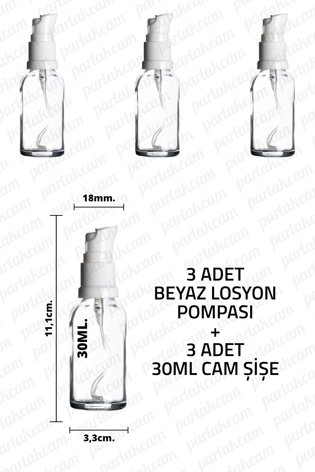 parlakcam 30ml Beyaz Losyon Pompası Şeffaf Cam Şişe 30cc Beyaz Krem Pompası Başlıklı Şeffaf Cam Şişe 3 Adet