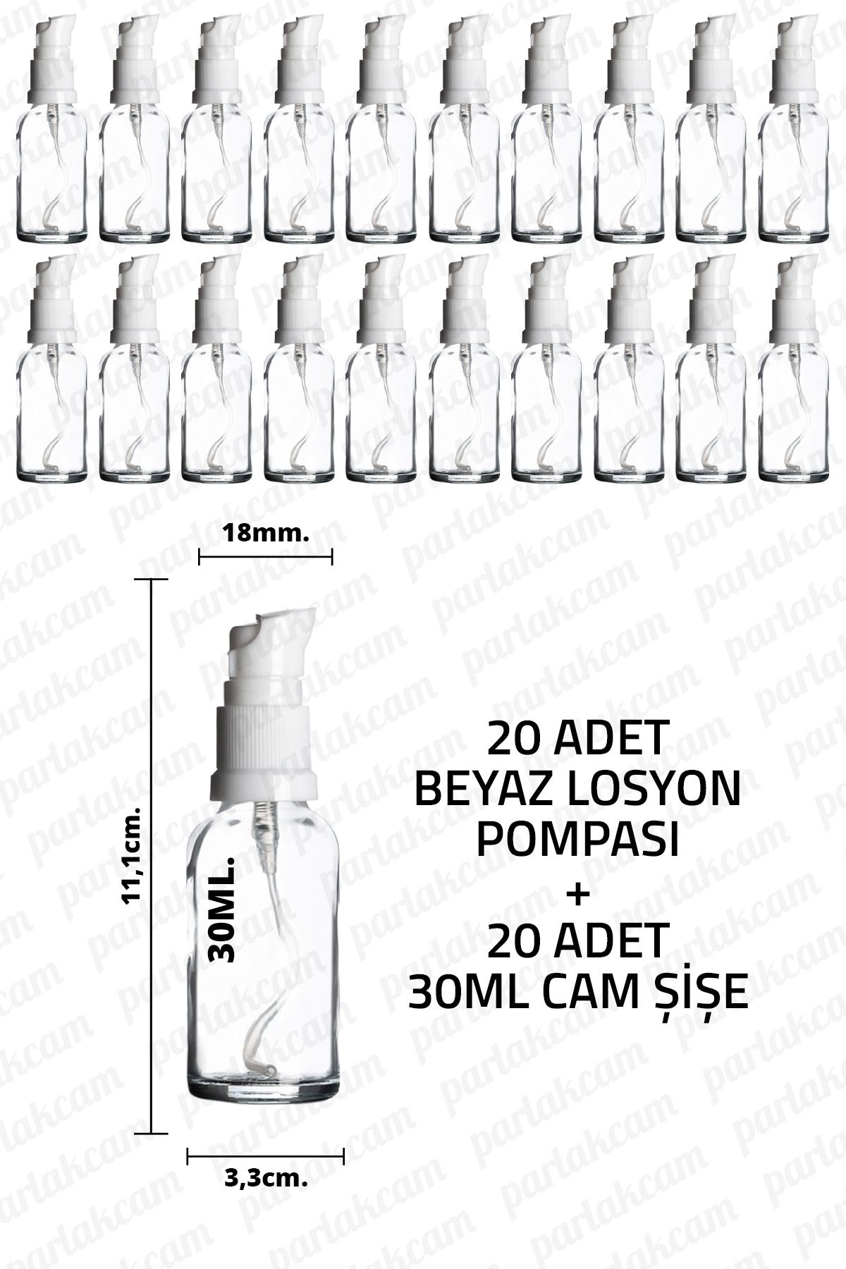 parlakcam 30ml Beyaz Losyon Pompası Şeffaf Cam Şişe 30cc Beyaz Krem Pompası Başlıklı Şeffaf Cam Şişe 20 Adet