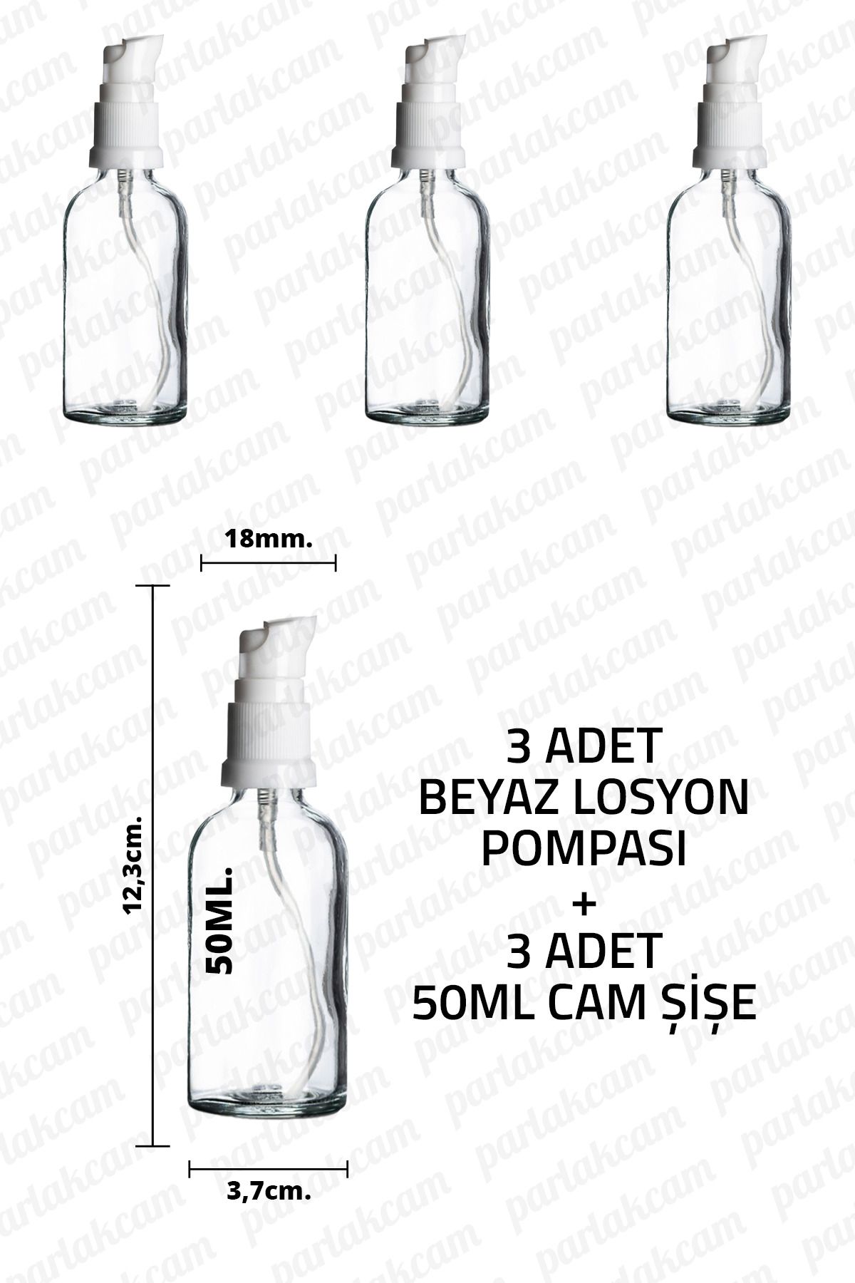 parlakcam 50ml Beyaz Losyon Pompası Şeffaf Cam Şişe 50cc Beyaz Krem Pompası Başlıklı Şeffaf Cam Şişe 3 Adet