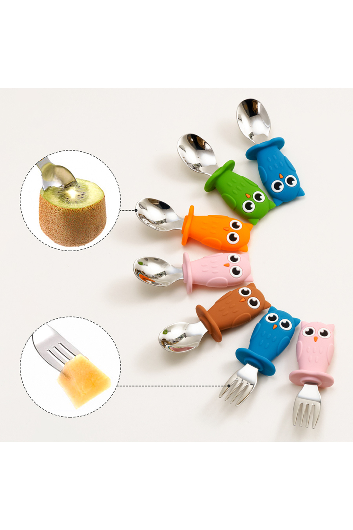 jojobebek Çocuk Silikon Saplı Paslanmaz Çelik Uçlu Kaşık - Çatal Seti Baykuş Figürlü (Pembe Renk) fotoğrafı 6 (önizleme)