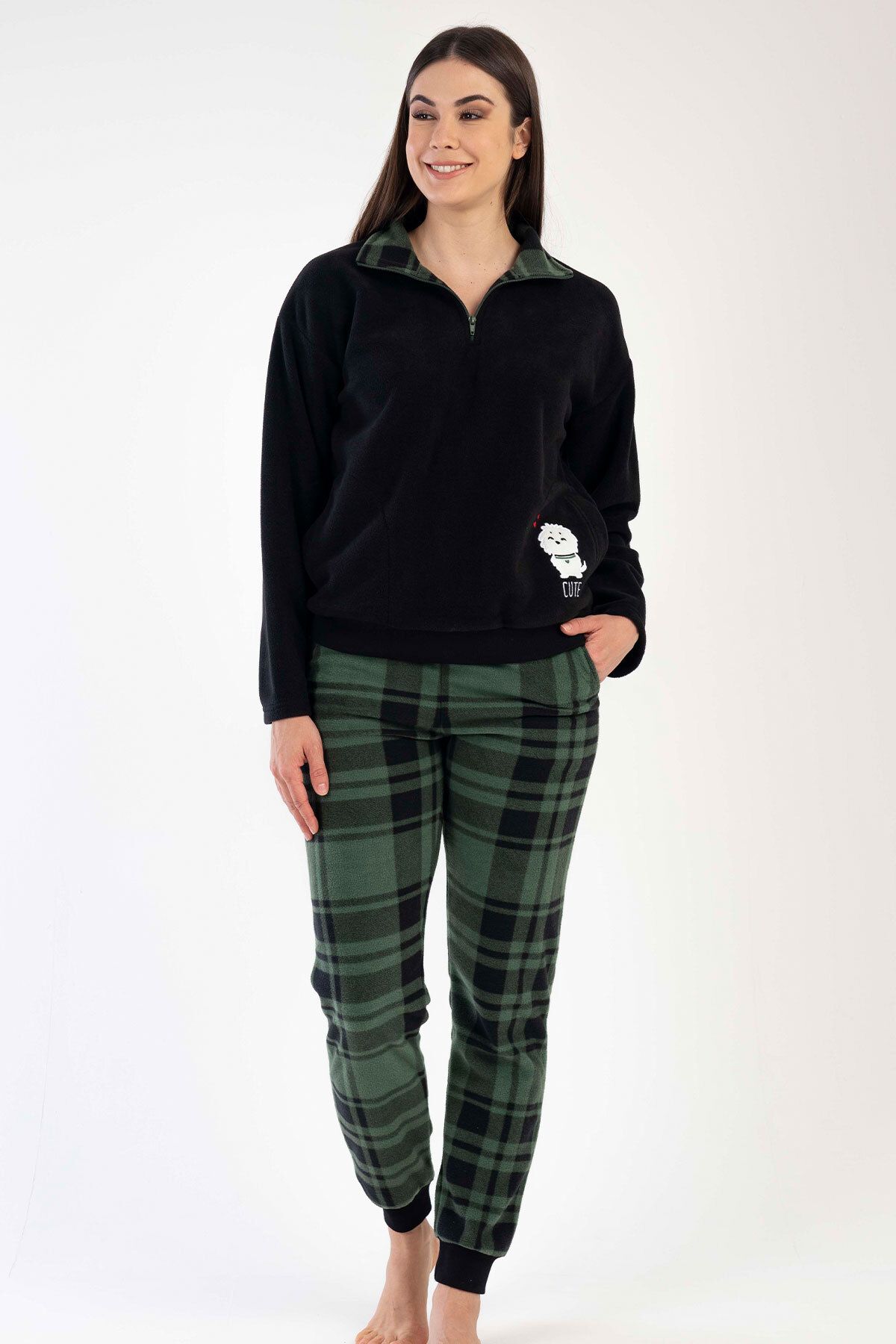 VİENETTA Kadın Polar Yakalı Düşük Omuzlu Uzun Kol Fermuarlı Pijama Takım , 303020