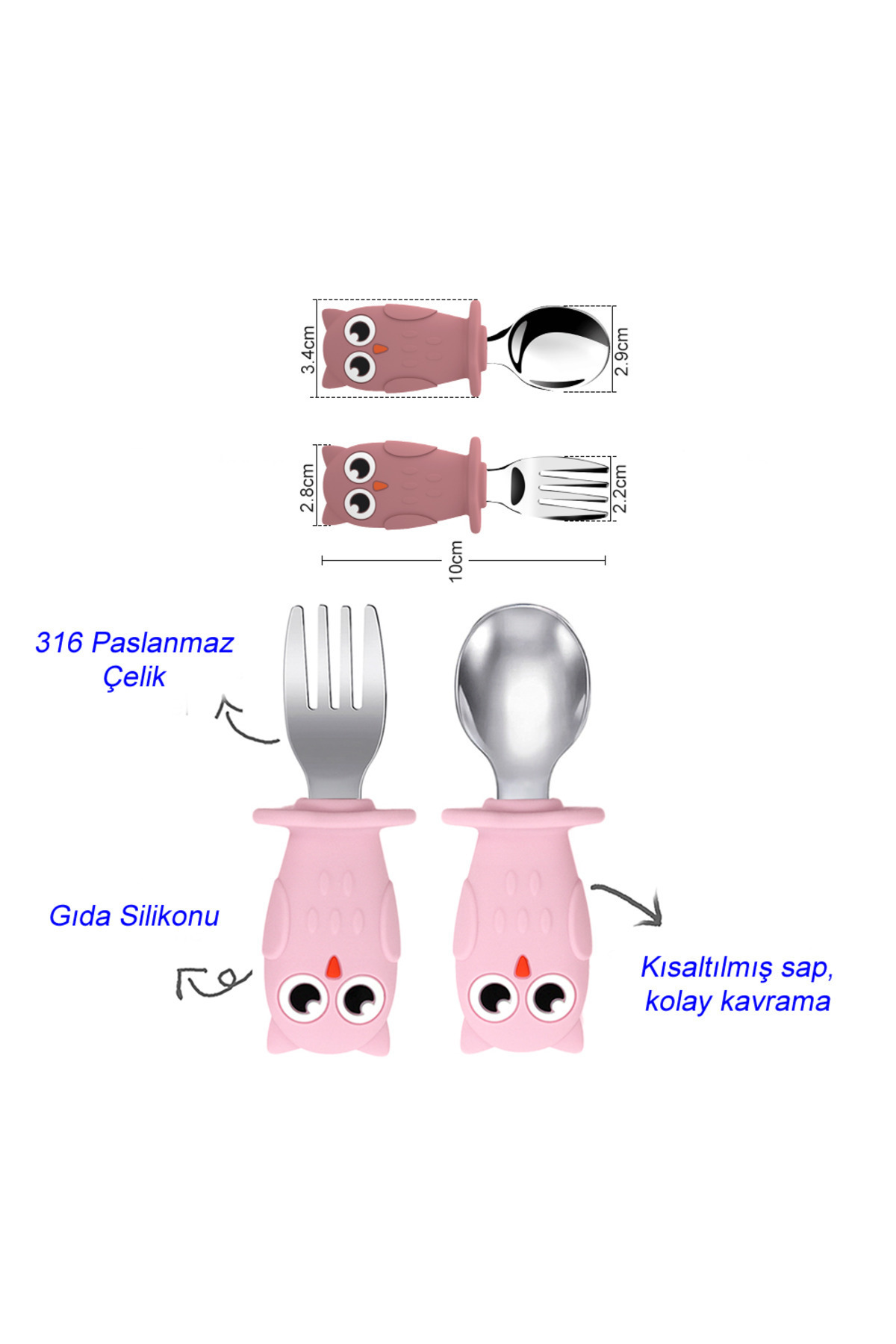 jojobebek Çocuk Silikon Saplı Paslanmaz Çelik Uçlu Kaşık - Çatal Seti Baykuş Figürlü (Pembe Renk) fotoğrafı 5 (önizleme)