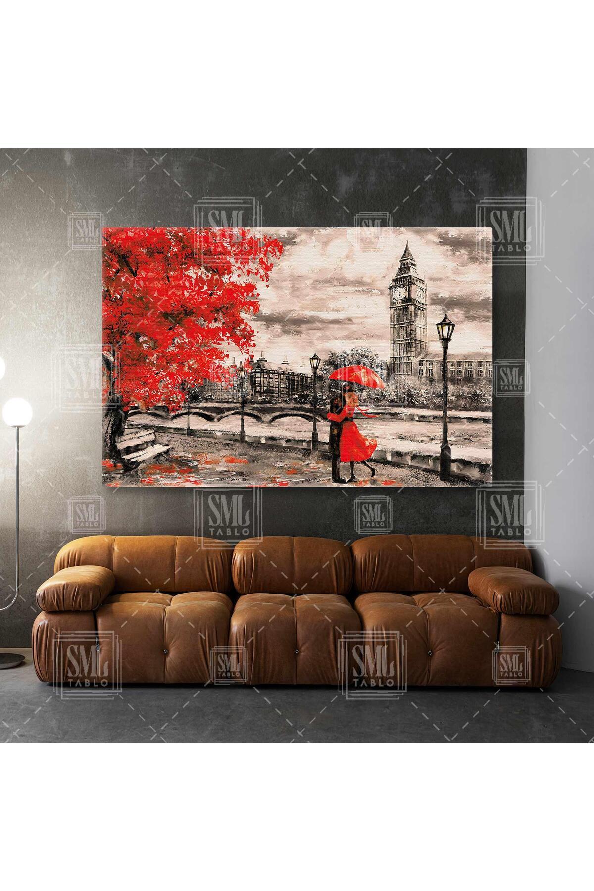 SML TABLO Romantik Sonbahar Sarılan Sevgililer Aşk Şemsiyeli Kadın ve Erkek Kırmızı Ağaç Yatay Kanvas Tablo