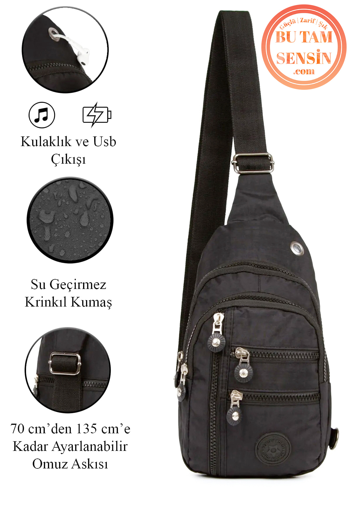 Bu Tam Sensin  Siyah Unisex Su Geçirmez Krinkıl Kumaşlı Fermuarlı 5 Bölmeli Çapraz Body Bag Vücut Çantası - Görsel 8