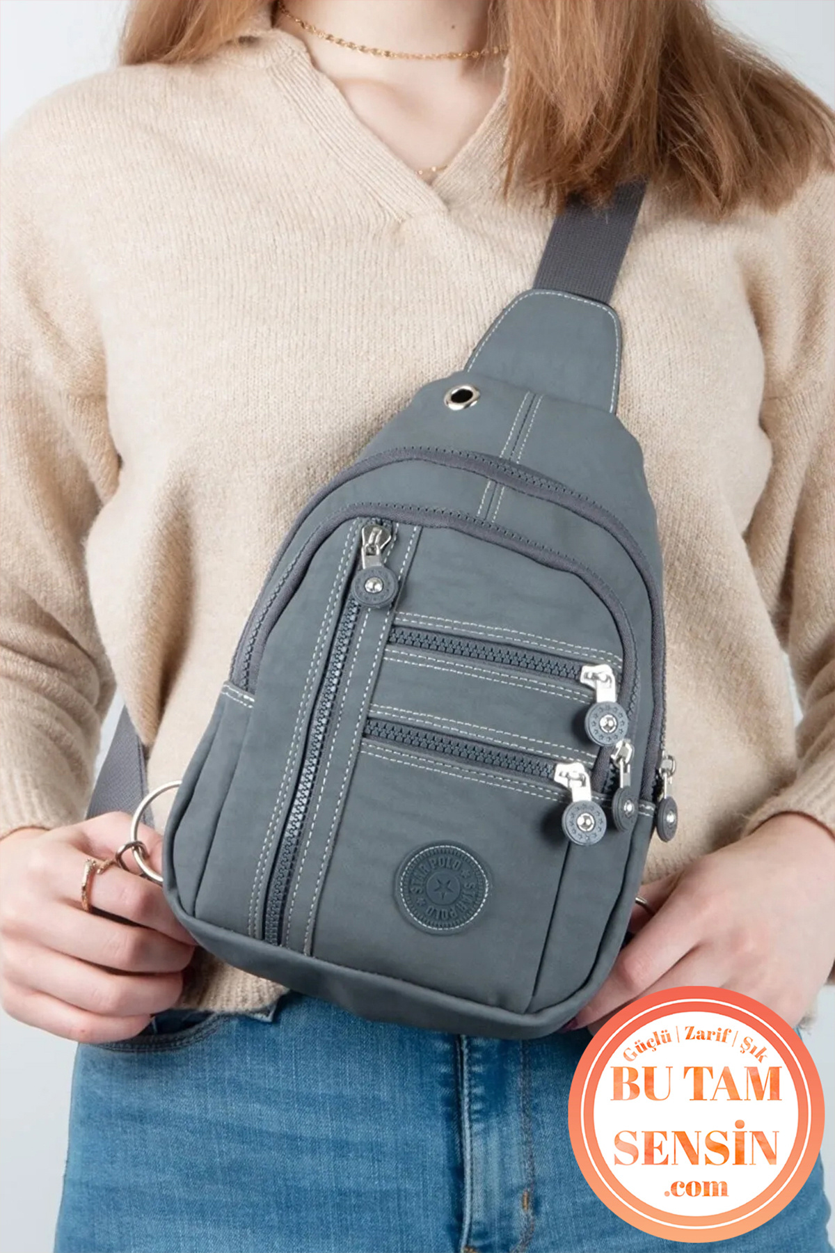 Bu Tam Sensin  Gri Unisex Su Geçirmez Krinkıl Kumaşlı Fermuarlı 5 Bölmeli Çapraz Body Bag Vücut Çantası - Görsel 3