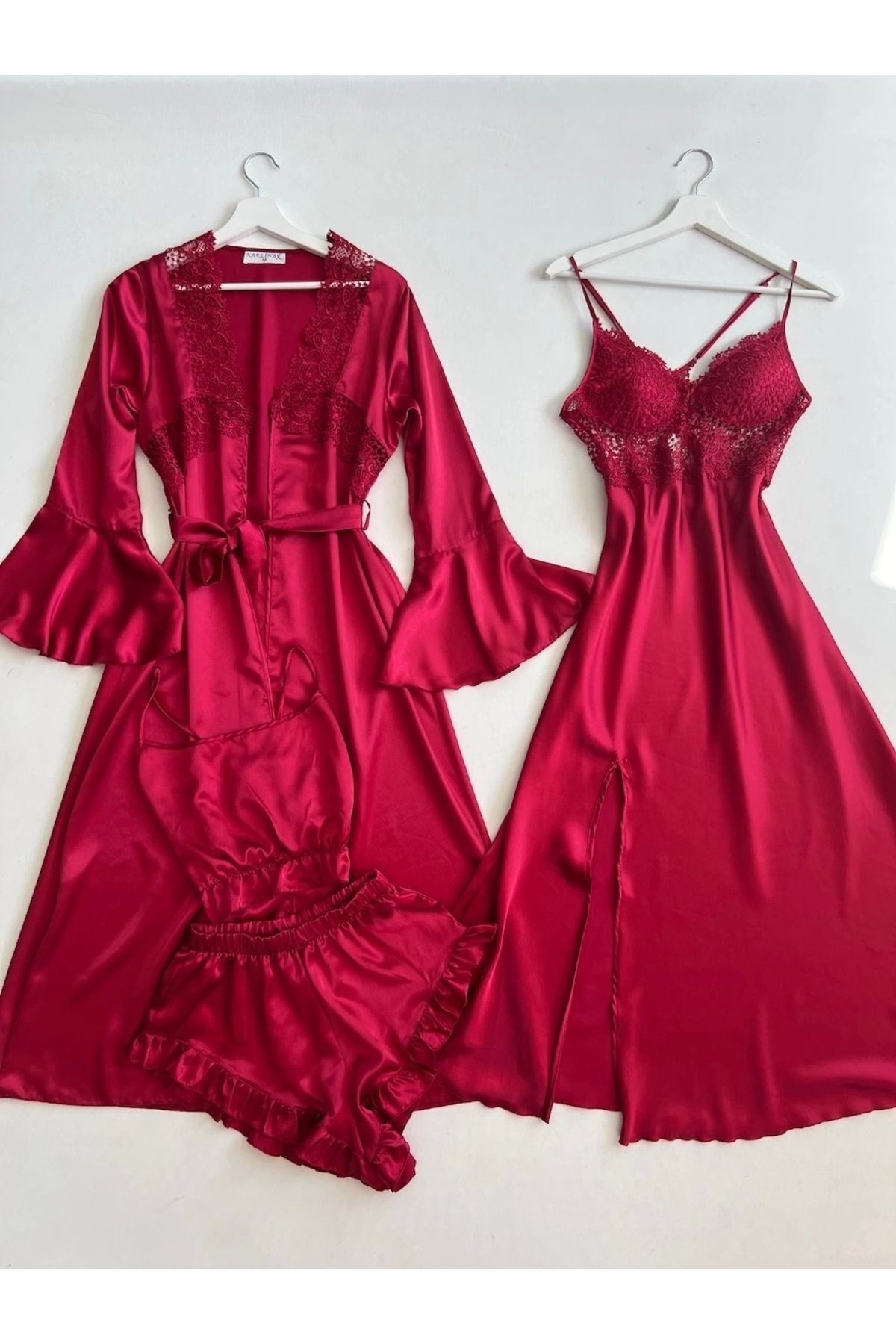 KARLİNAX İpeksi Kırmızı 4'lü Saten Gecelik Sabalık Fırfırlı Pijama