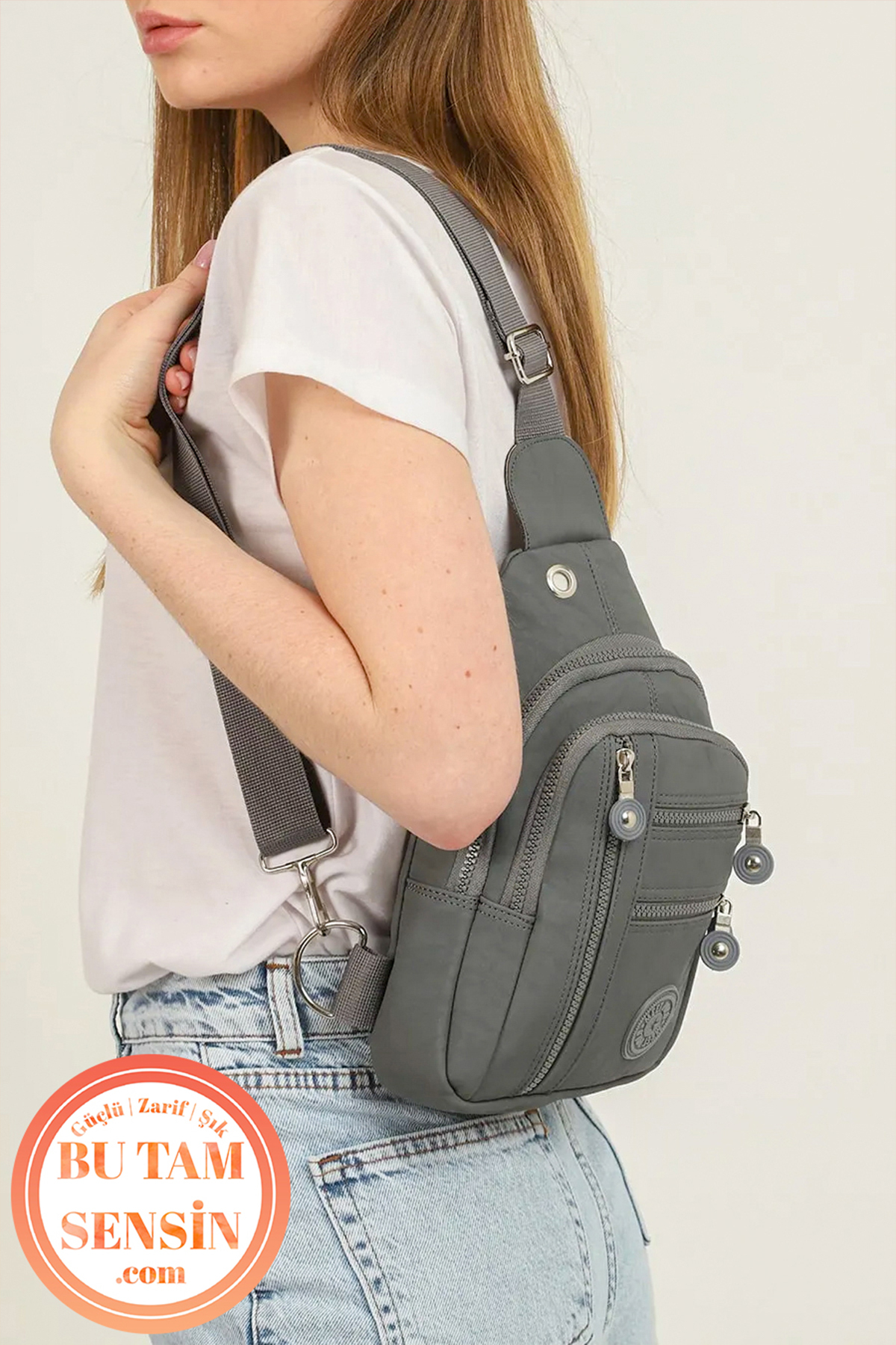 Bu Tam Sensin  Gri Unisex Su Geçirmez Krinkıl Kumaşlı Fermuarlı 5 Bölmeli Çapraz Body Bag Vücut Çantası - Görsel 6