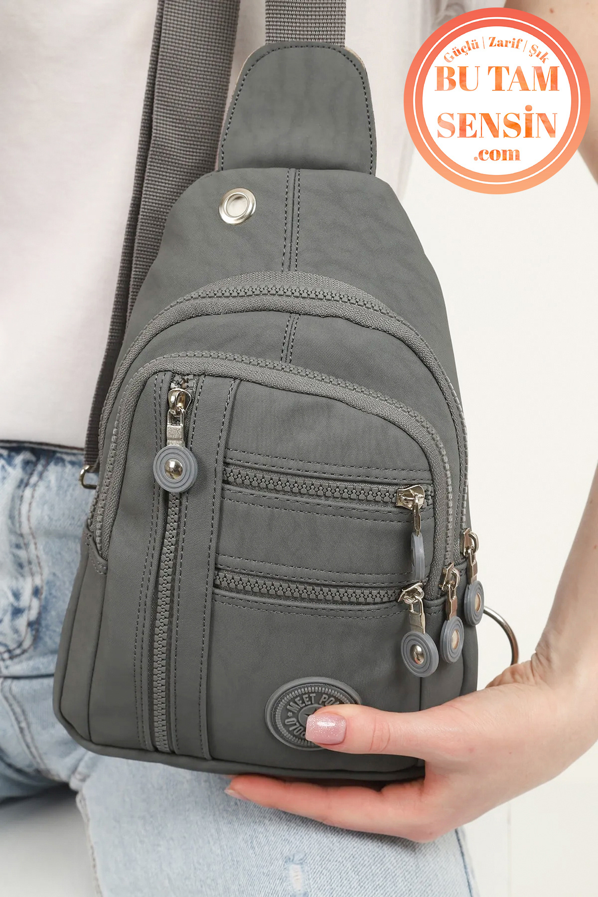Bu Tam Sensin  Gri Unisex Su Geçirmez Krinkıl Kumaşlı Fermuarlı 5 Bölmeli Çapraz Body Bag Vücut Çantası - Görsel 8