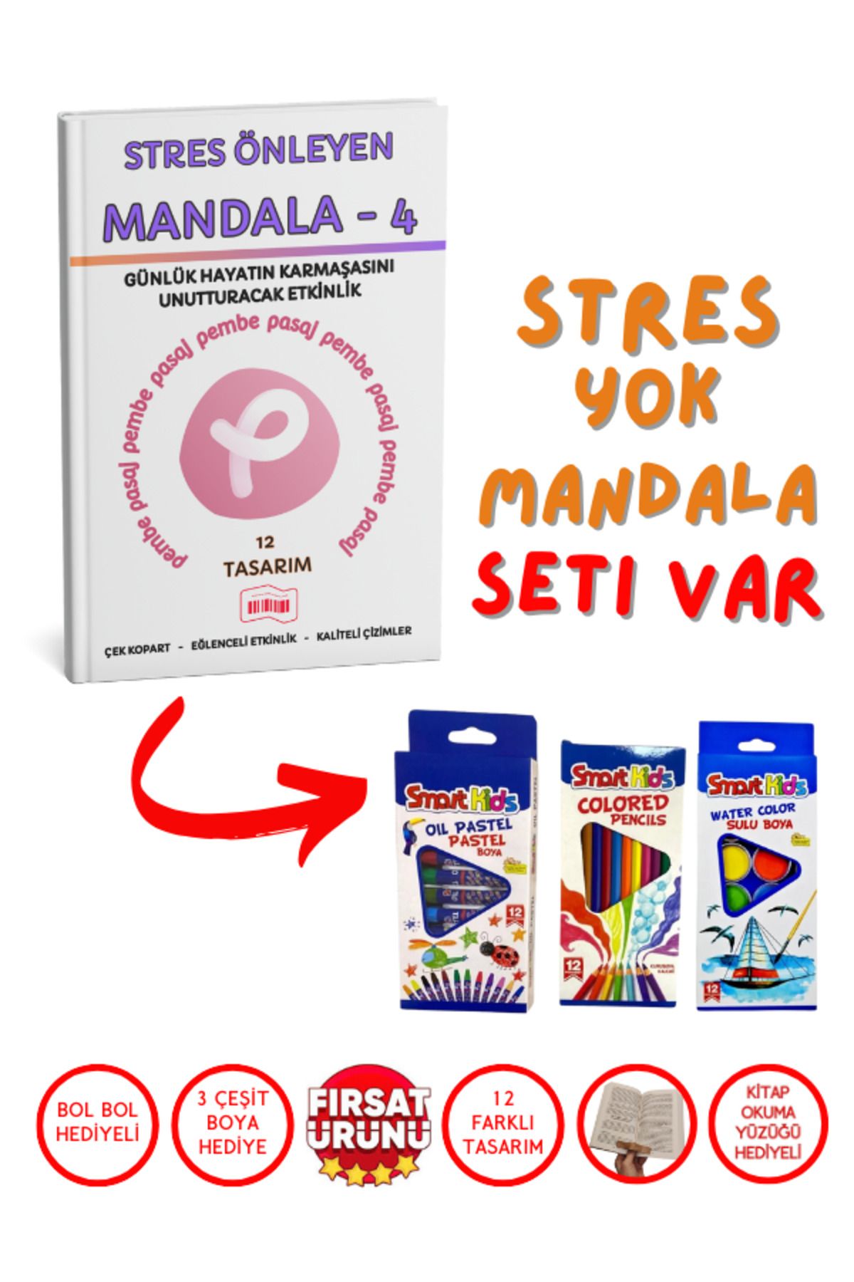 Pembe Pasaj Stres Yok Mandala Seti 4 – Eğlenceli Mandala Kitabı