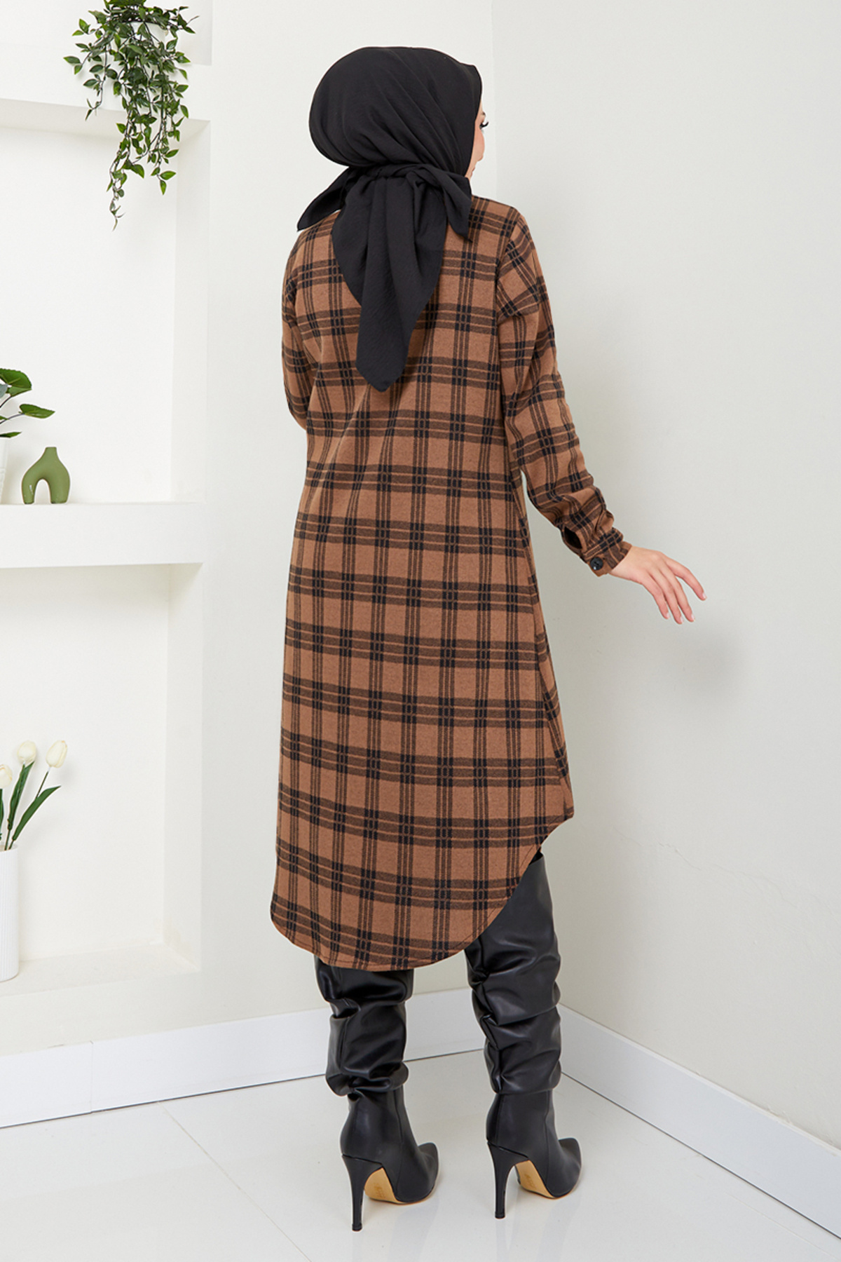 ModaMerve-Plaid Patterned Shirt Collar Tunic - Tan 2003Brz981-M 6