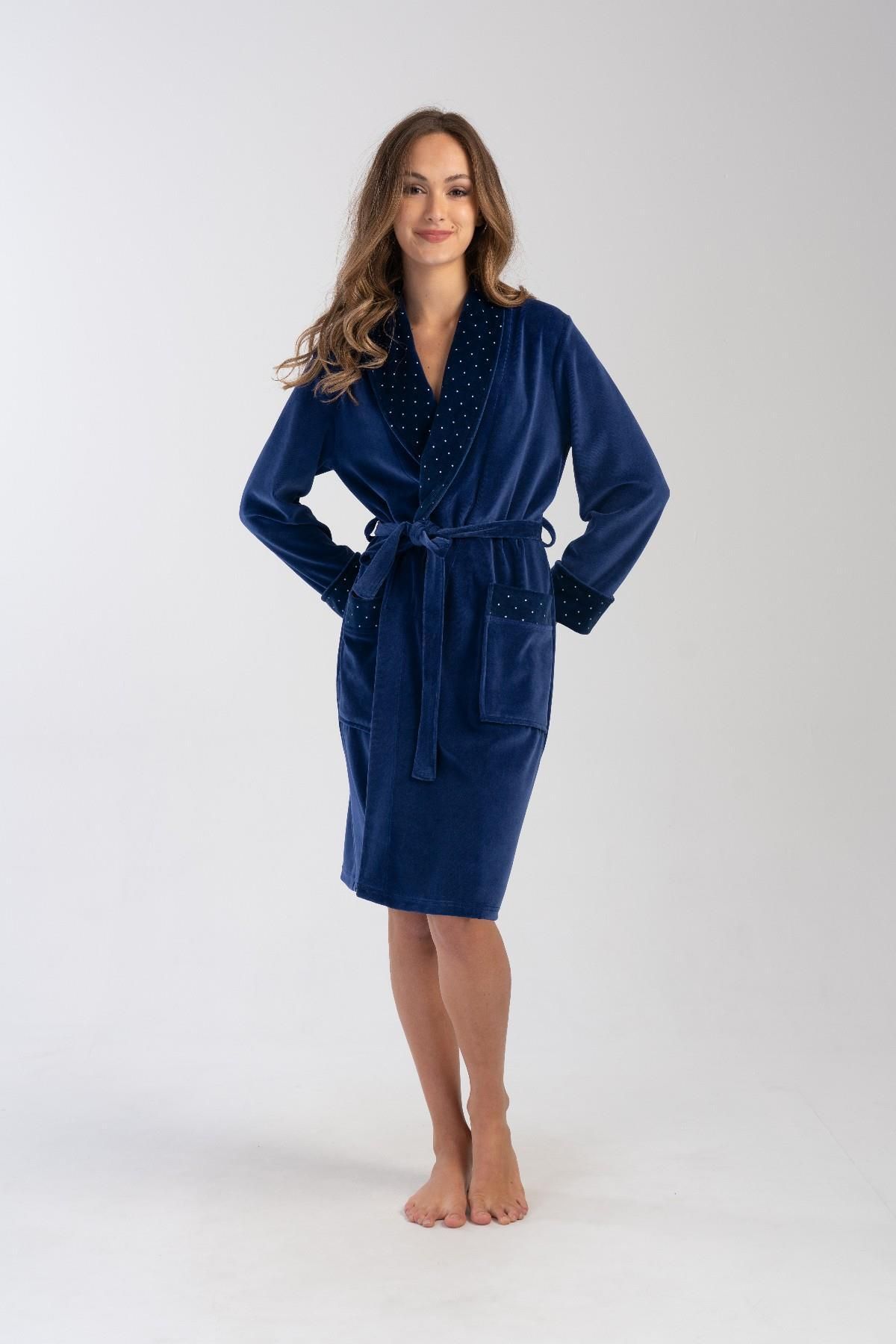 VİENETTA-Plus Size Indigo Velvet Dressing Gown - Shawl Collar, C4T0N1O304 1