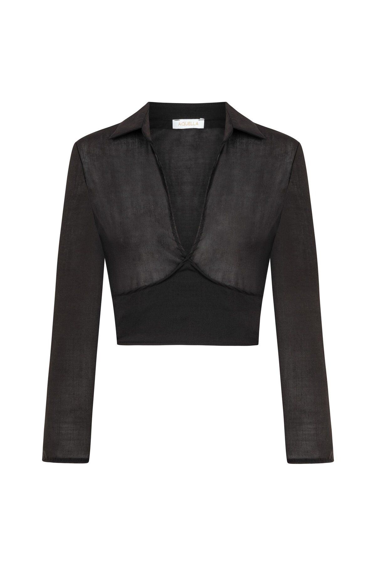 AQUELLA-Shirt Collar Black Crop Blouse 1