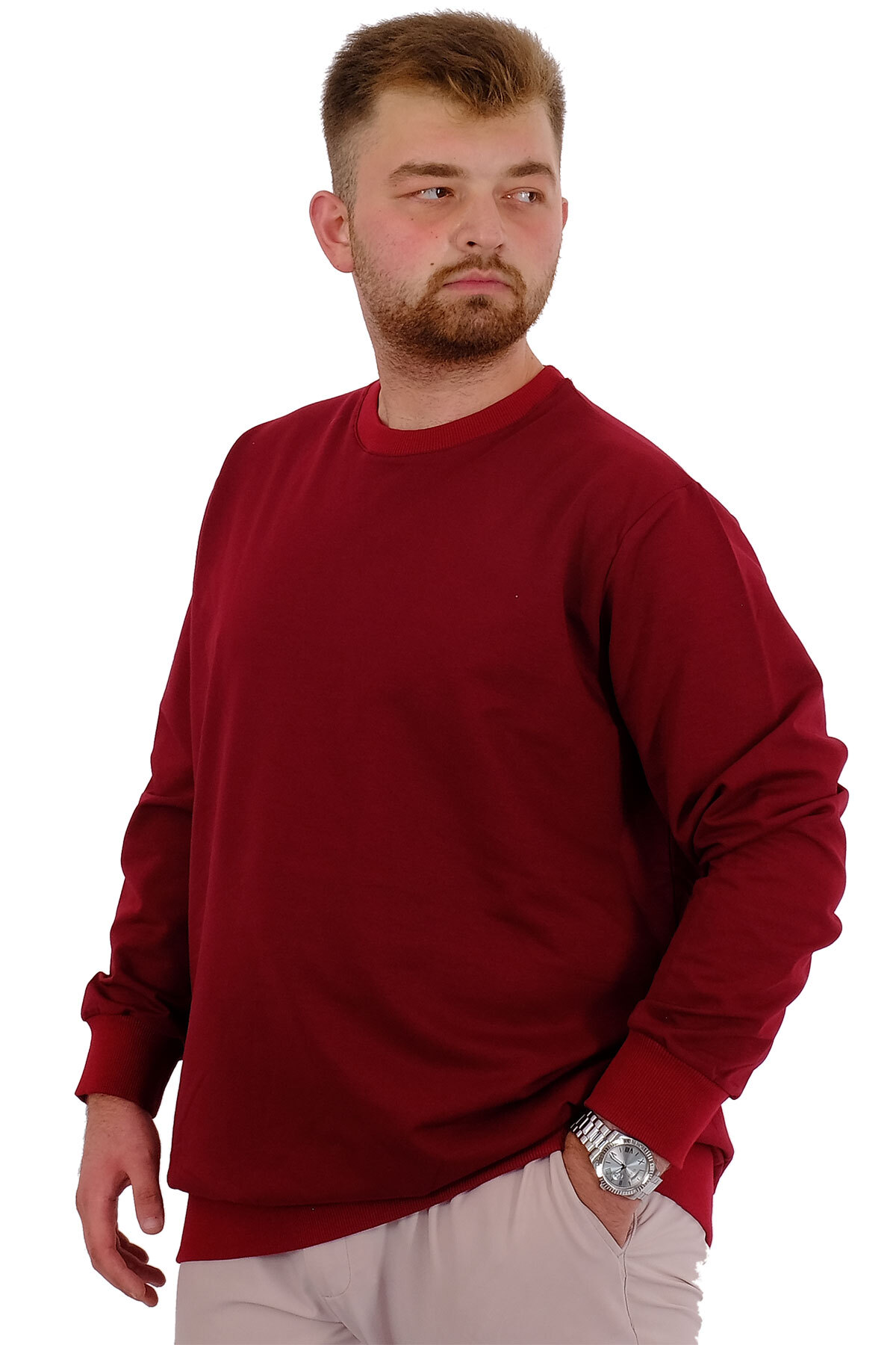 ModeXL Mode XL Büyük Beden Erkek Bisiklet Yaka Basic Sweatshirt U24174 Bordo görsel 2