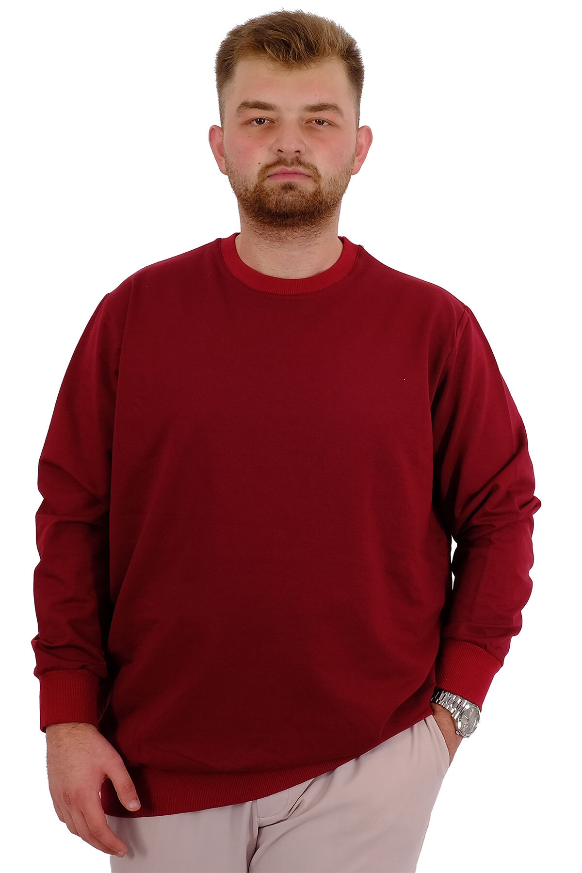 ModeXL Mode XL Büyük Beden Erkek Bisiklet Yaka Basic Sweatshirt U24174 Bordo