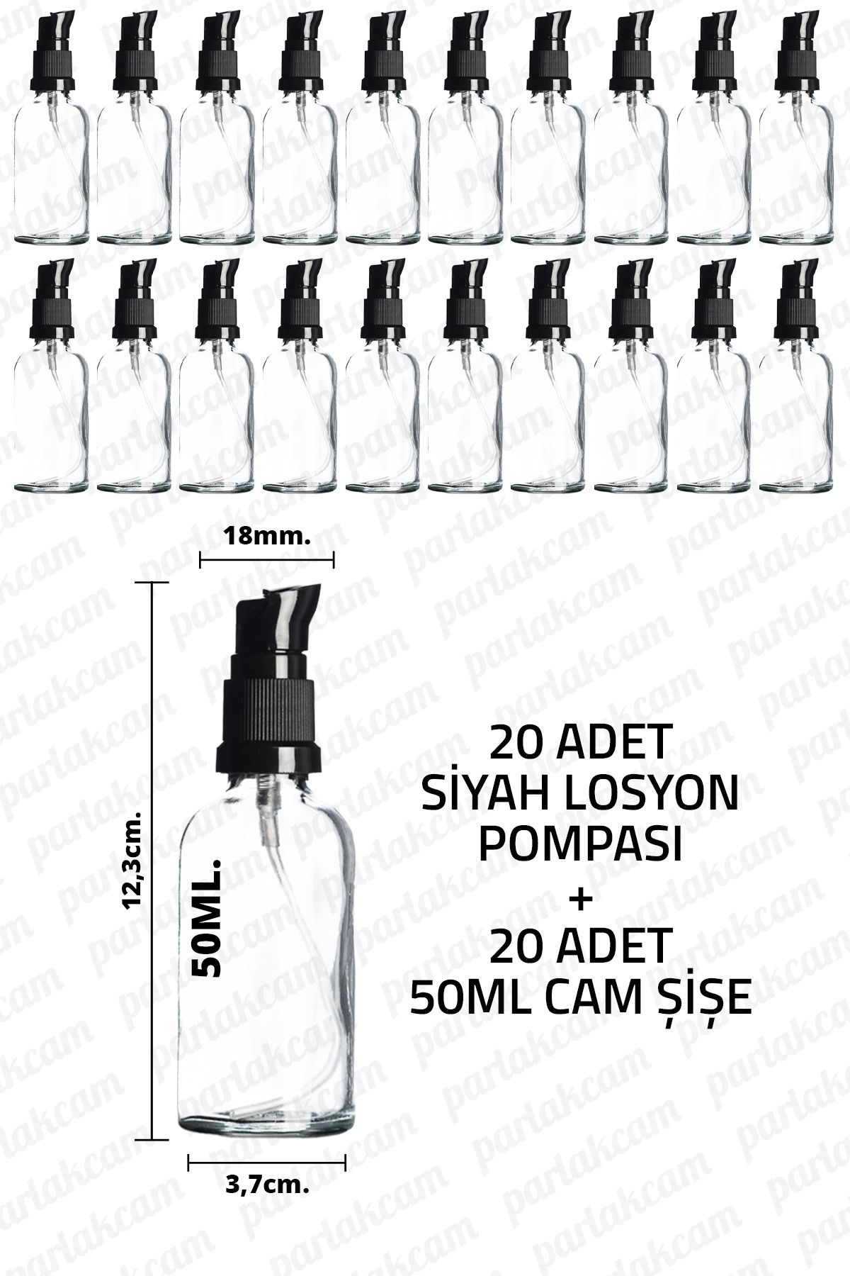 parlakcam 50ml Siyah Losyon Pompası Şeffaf Cam Şişe 50cc Siyah Krem Pompası Başlıklı Şeffaf Cam Şişe 20 Adet