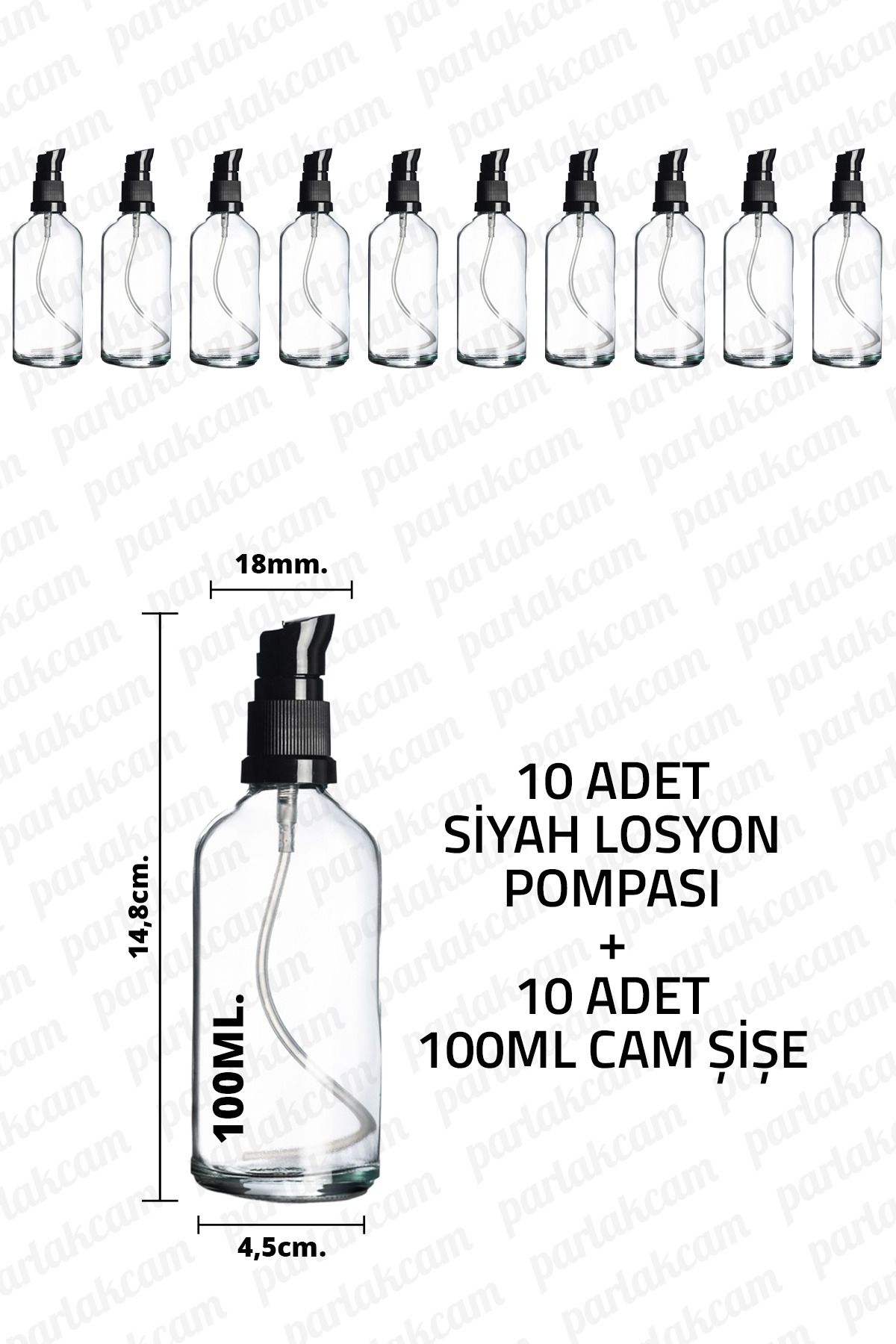 parlakcam 100ml Siyah Losyon Pompası Şeffaf Cam Şişe 100cc Siyah Krem Pompası Başlıklı Şeffaf Cam Şişe 10 Adet