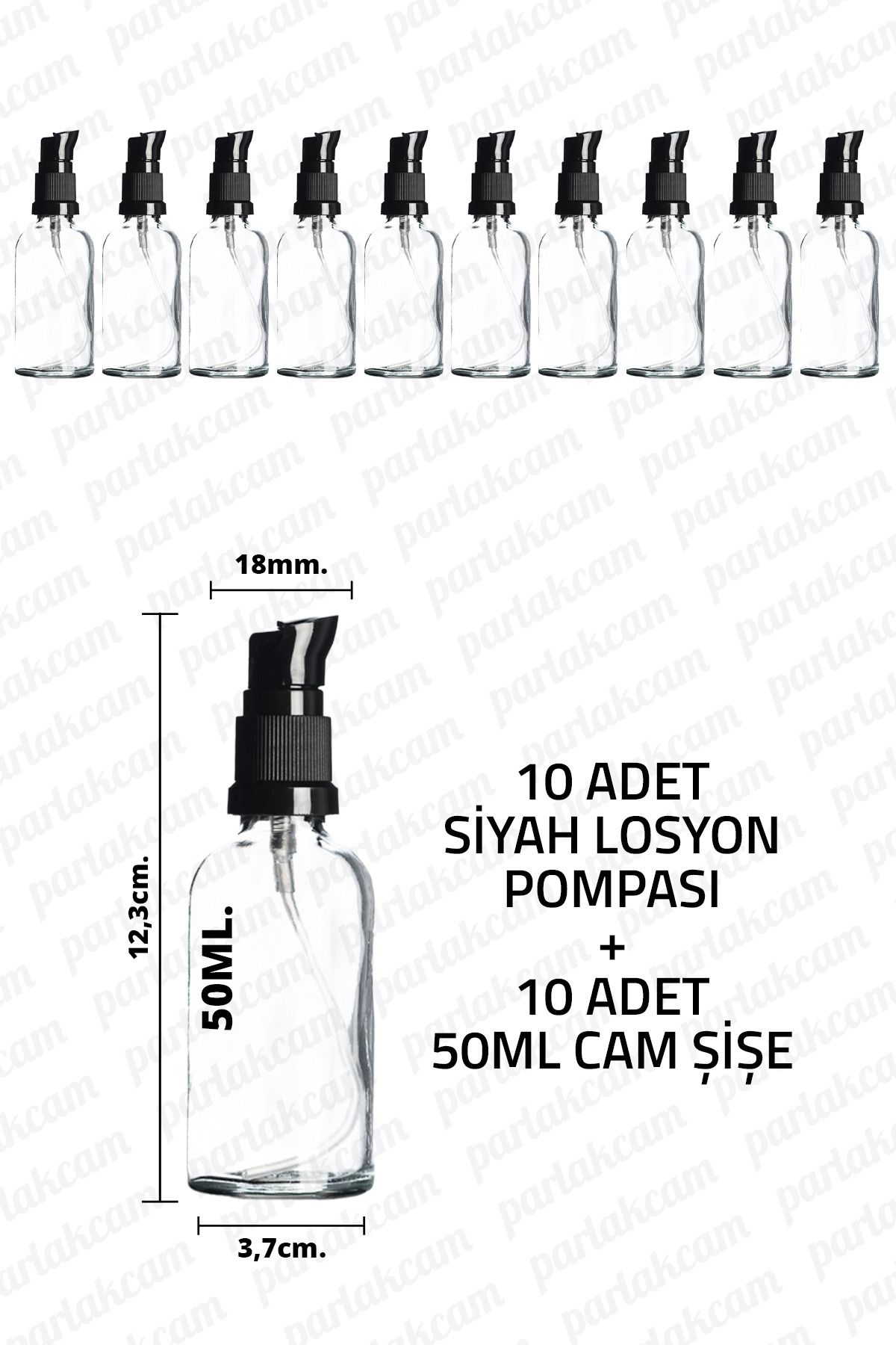 parlakcam 50ml Siyah Losyon Pompası Şeffaf Cam Şişe 50cc Siyah Krem Pompası Başlıklı Şeffaf Cam Şişe 10 Adet