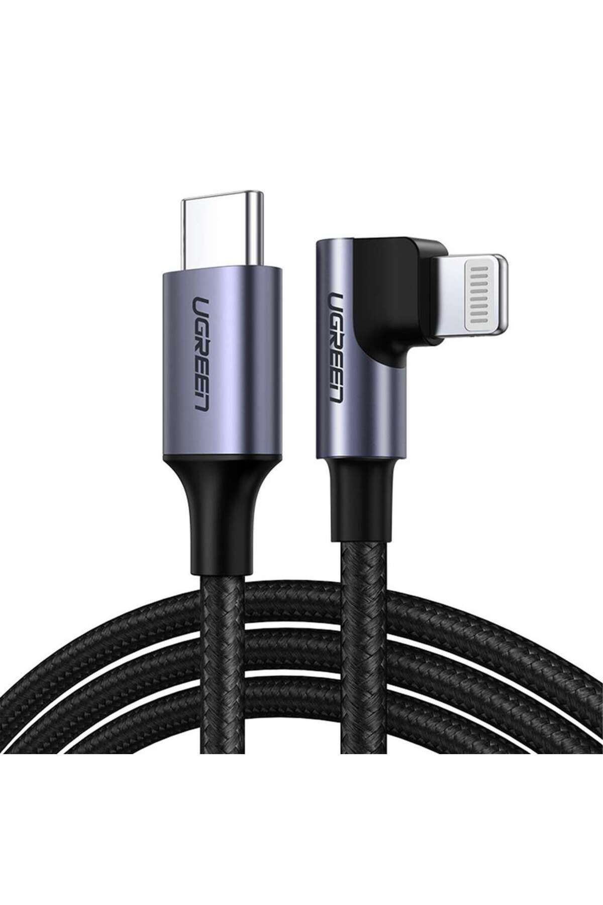 Ugreen USB-C to Lightning 3A QC PD 90 Derece Örgülü Hızlı Şarj Kablosu, 2 Metre, Siyah - 60765