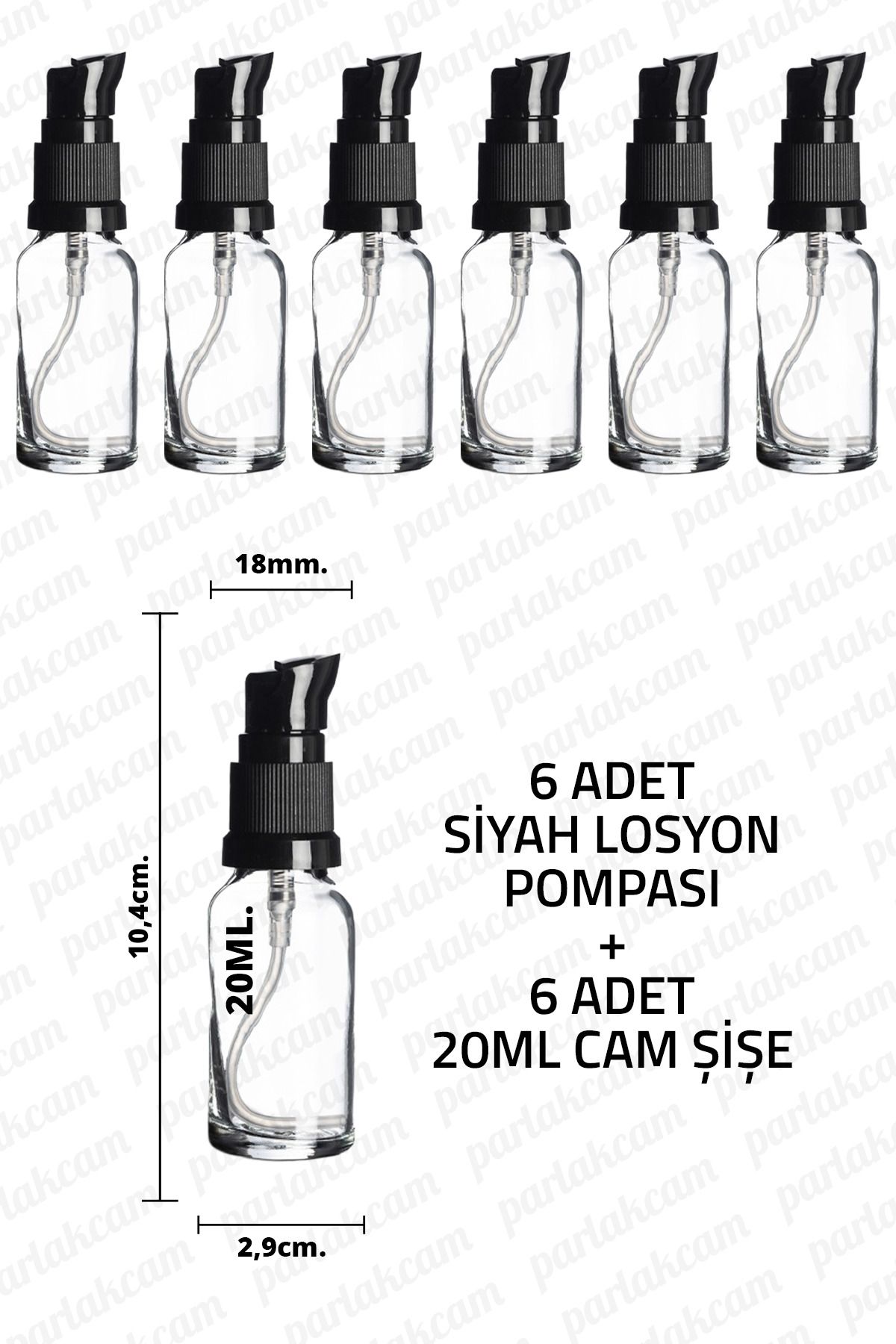 parlakcam 20ml Siyah Losyon Pompası Şeffaf Cam Şişe 20cc Siyah Krem Pompası Başlıklı Şeffaf Cam Şişe 6 Adet