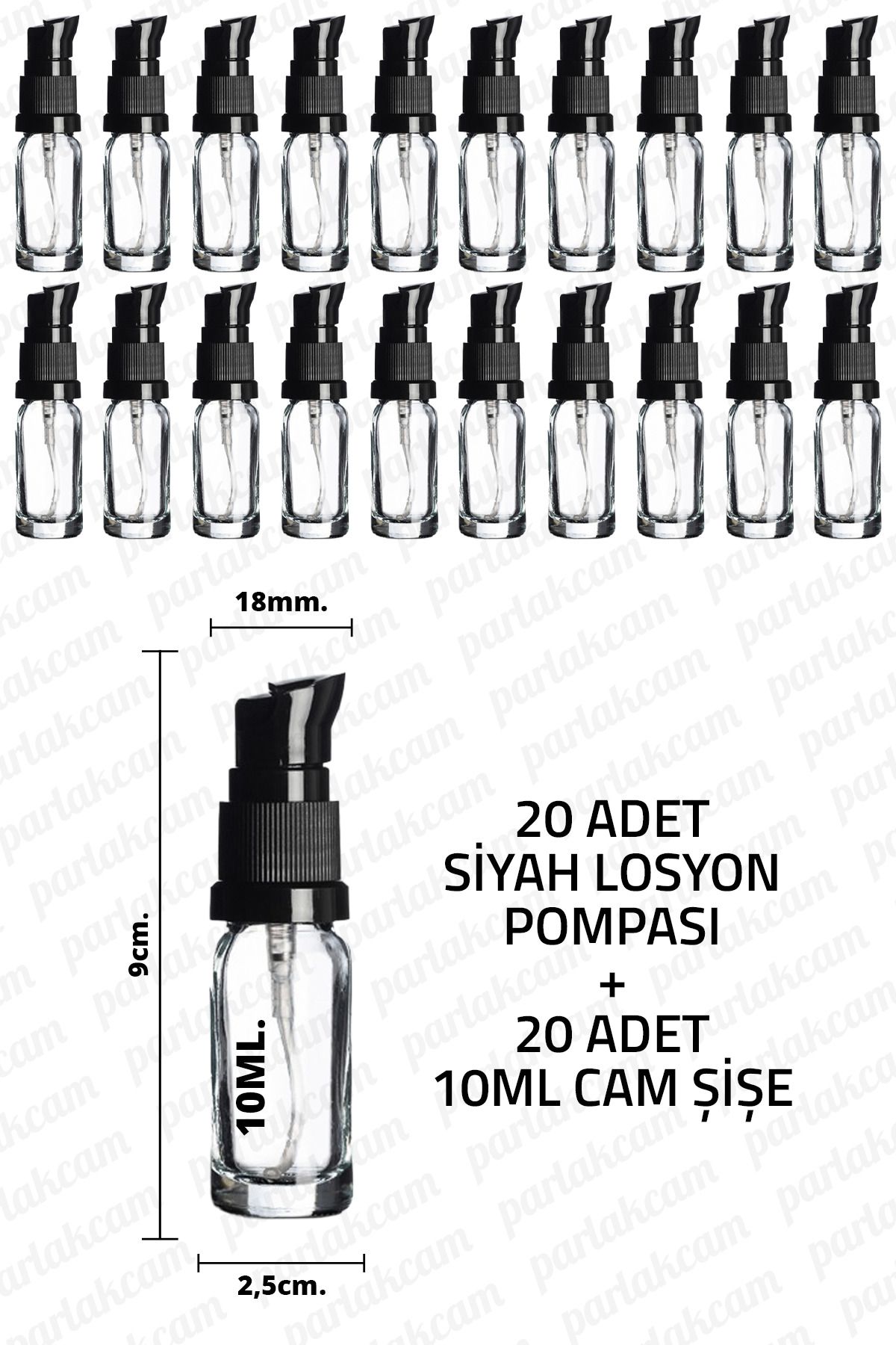 parlakcam 10ml Siyah Losyon Pompası Şeffaf Cam Şişe 10cc Siyah Krem Pompası Başlıklı Şeffaf Cam Şişe 20 Adet