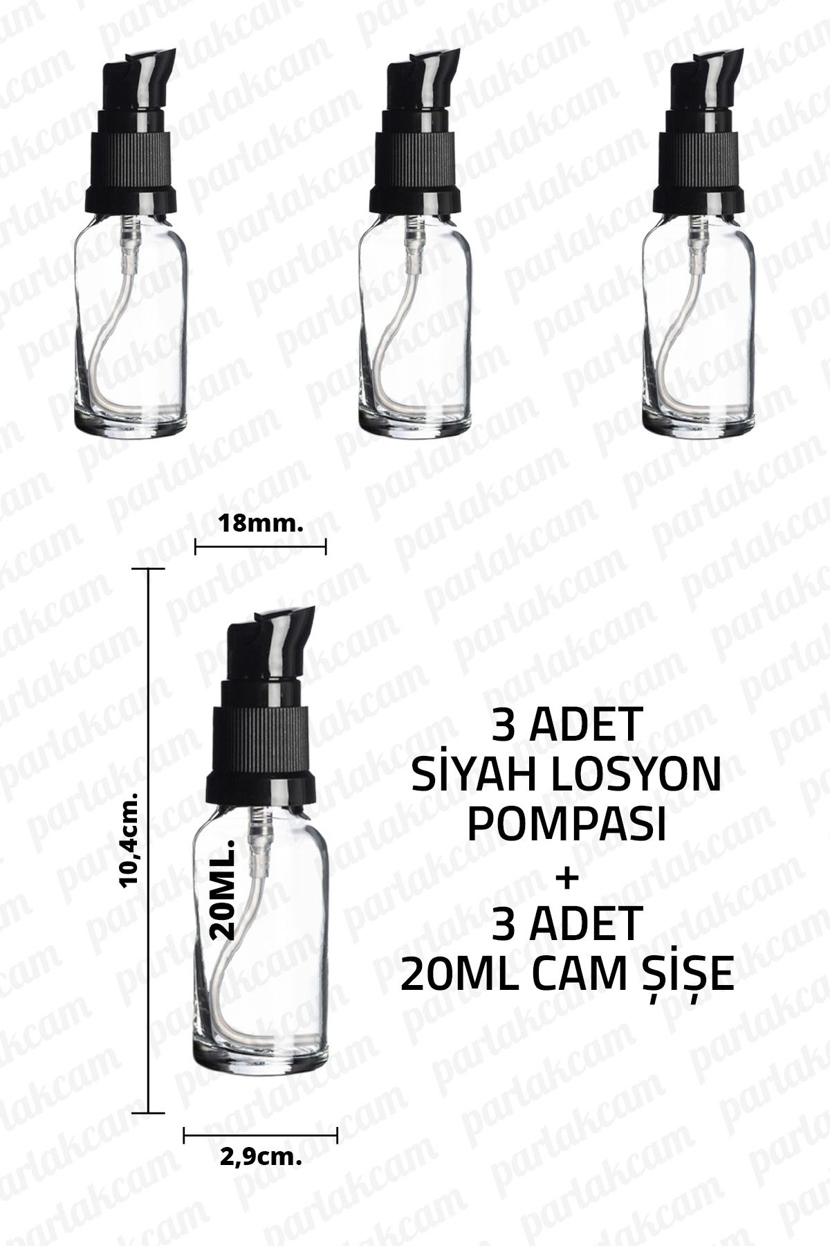 parlakcam 20ml Siyah Losyon Pompası Şeffaf Cam Şişe 20cc Siyah Krem Pompası Başlıklı Şeffaf Cam Şişe 3 Adet