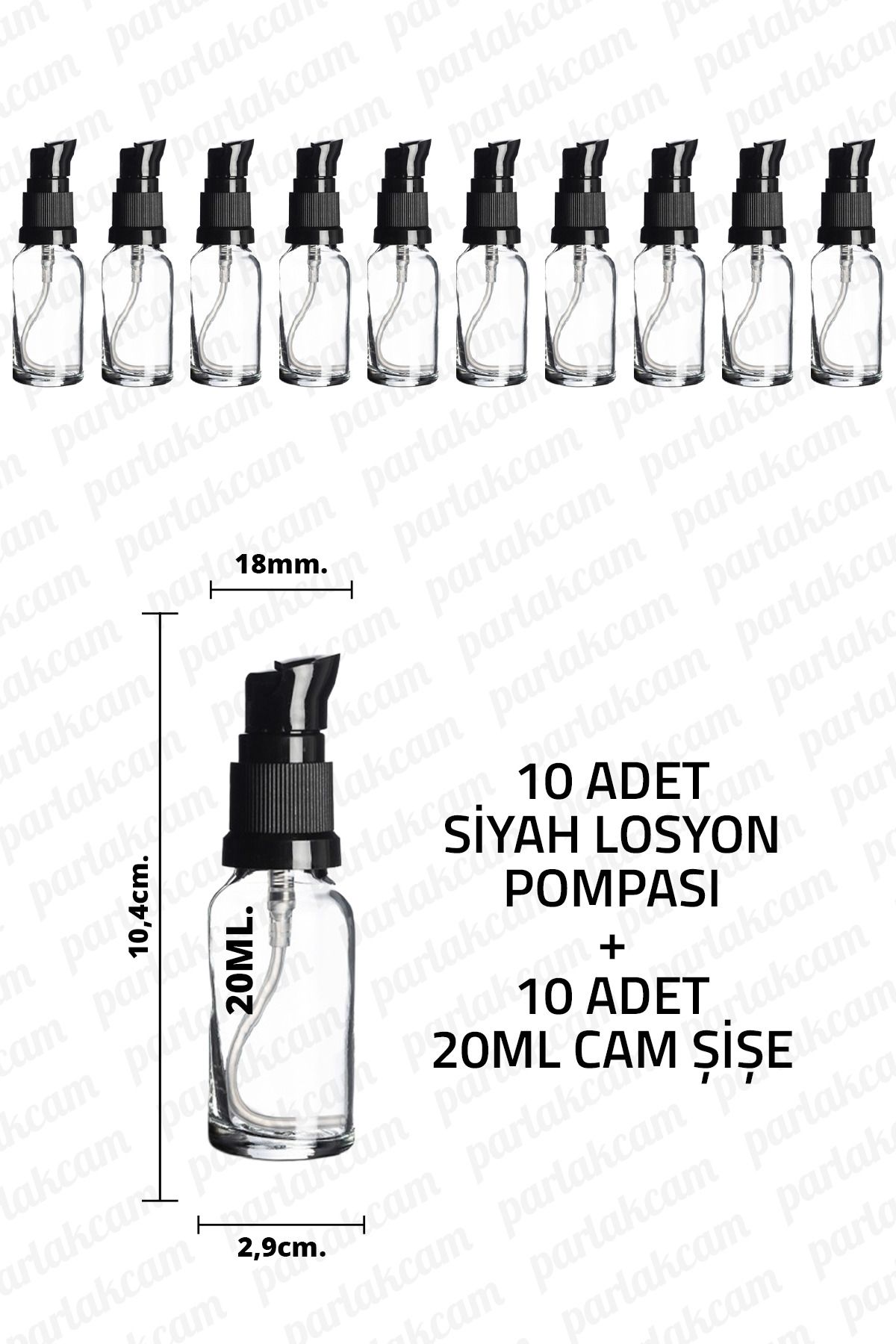 parlakcam 20ml Siyah Losyon Pompası Şeffaf Cam Şişe 20cc Siyah Krem Pompası Başlıklı Şeffaf Cam Şişe 10 Adet