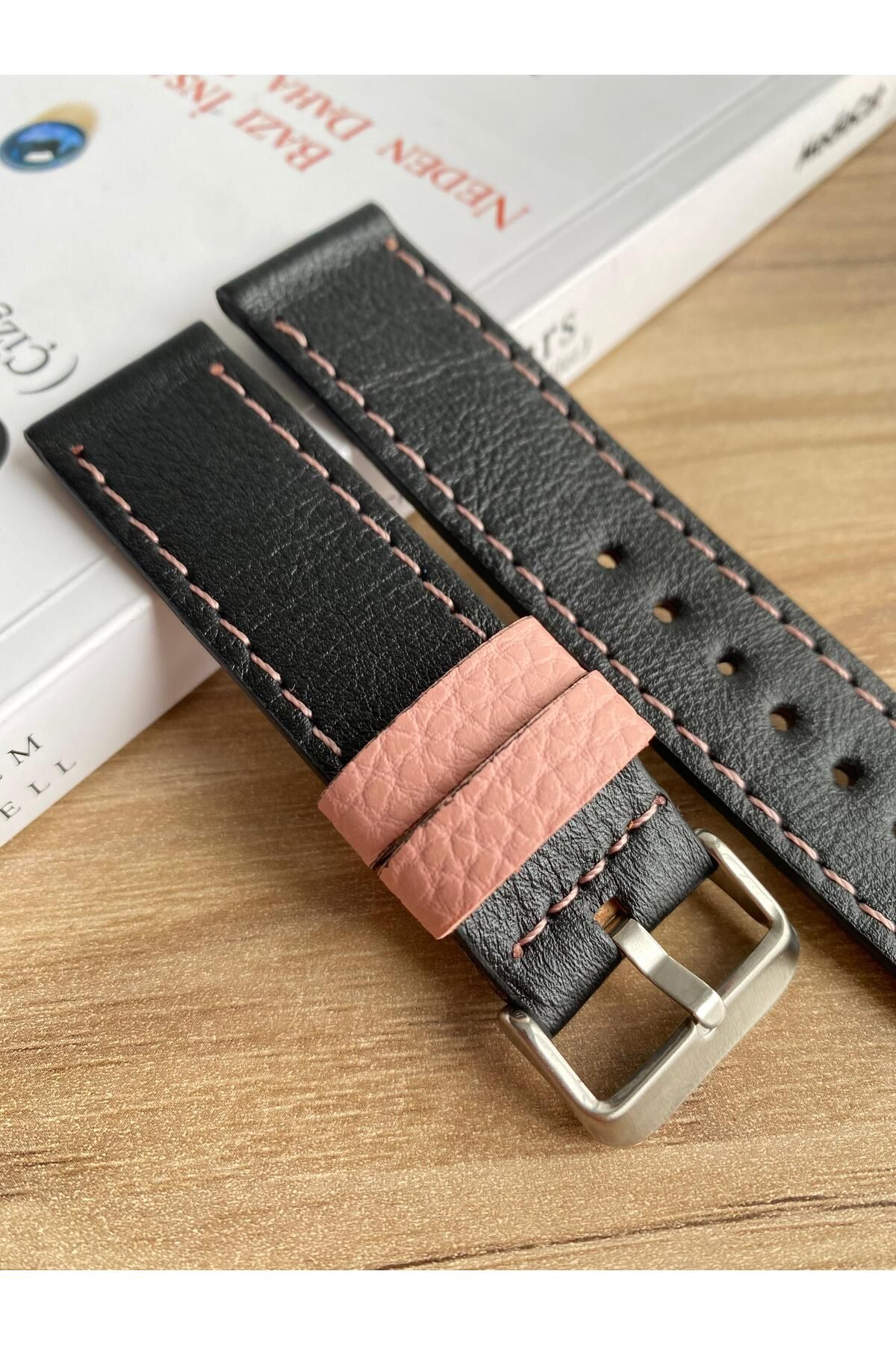 Prizma-22mm Plain Black Genuine Leather Watch Band. Pink Design. 3