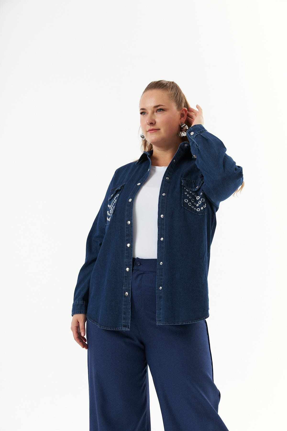 RMG-Blue Denim Shirt - Plus Size, Collar and Pocket Accessories 4