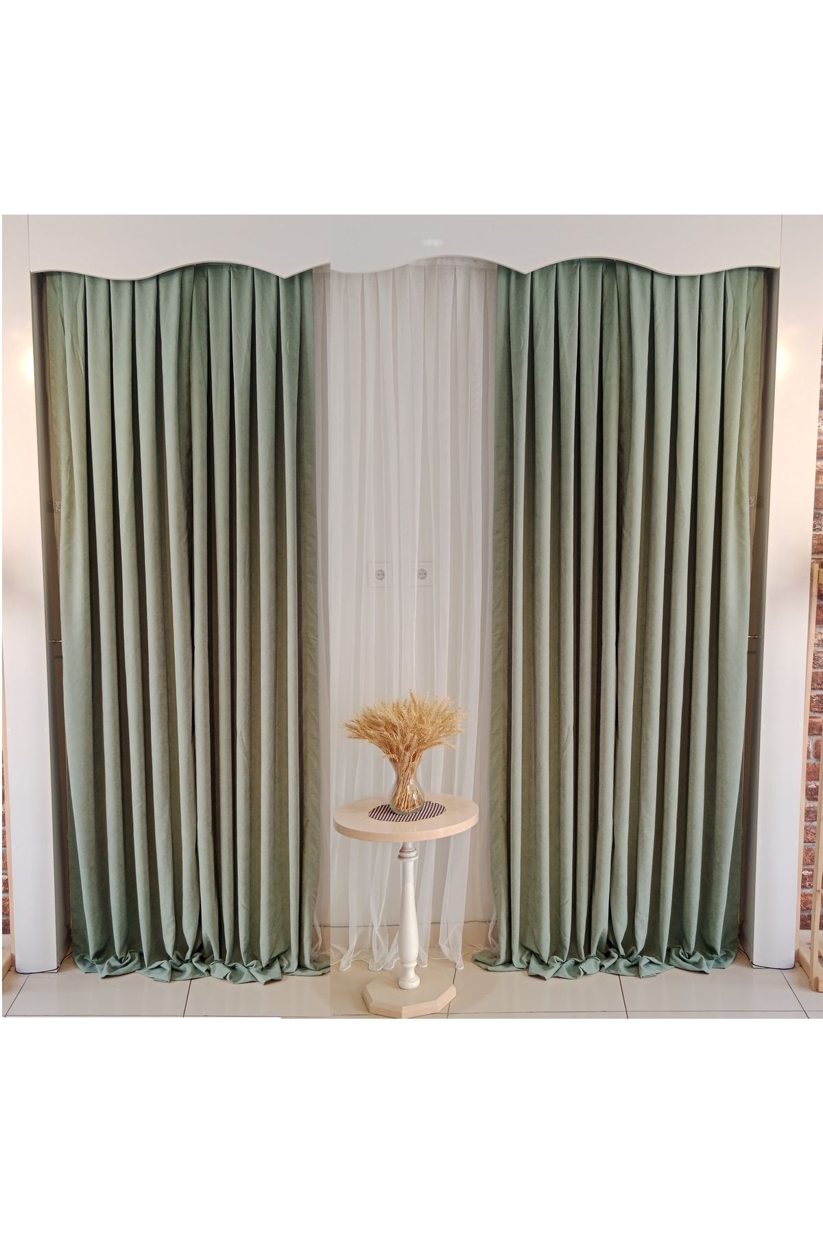FİGENSİ-Green Velvet Curtain - Double Blades, Close Pleated, V-73 Model 4