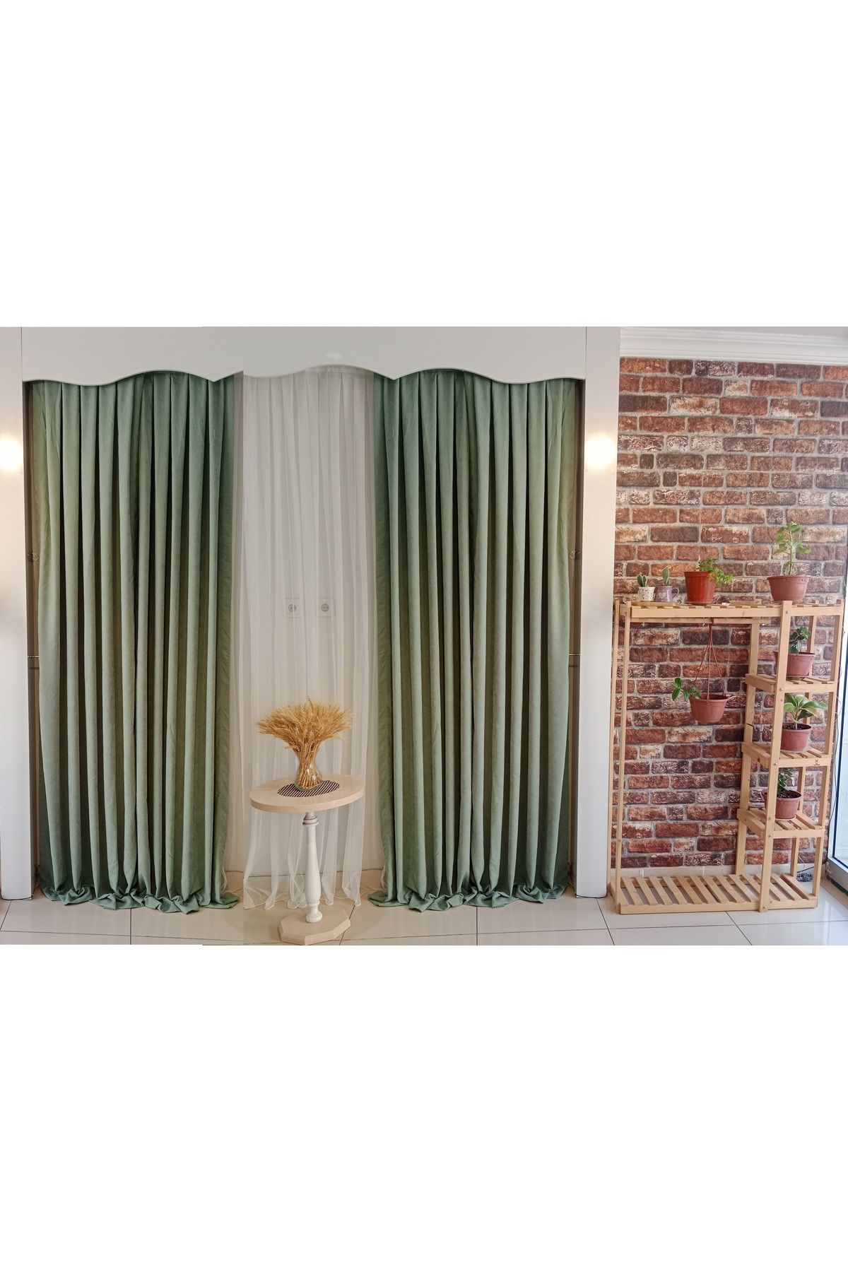 FİGENSİ-Green Velvet Curtain - Double Blades, Close Pleated, V-73 Model 3