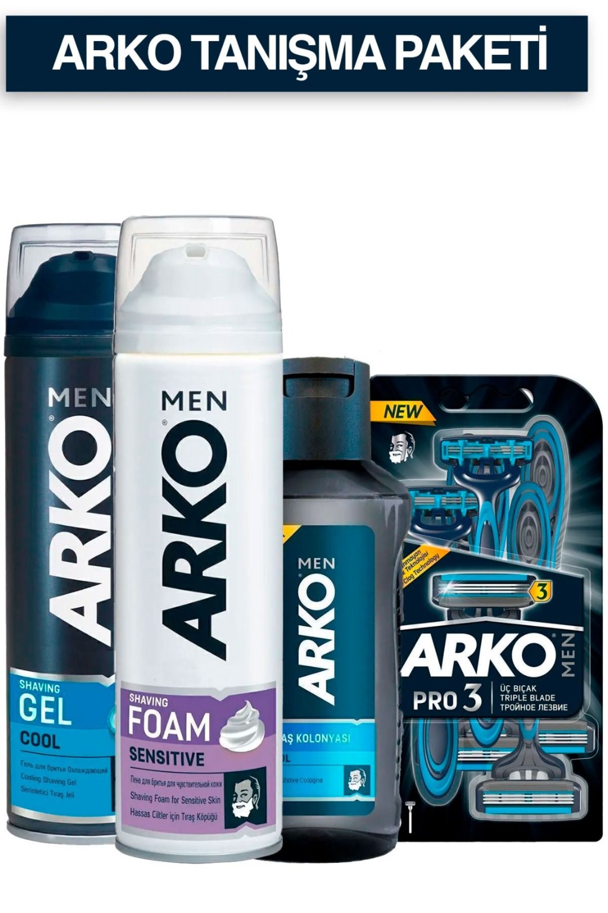 Arko Men Erkek Tıraş Tanişma Paketi (Cool ,Sensitive ,Cool Tıraş Kolonyası, 3 Bıçaklı Erkek Tıraş Bıçağı)