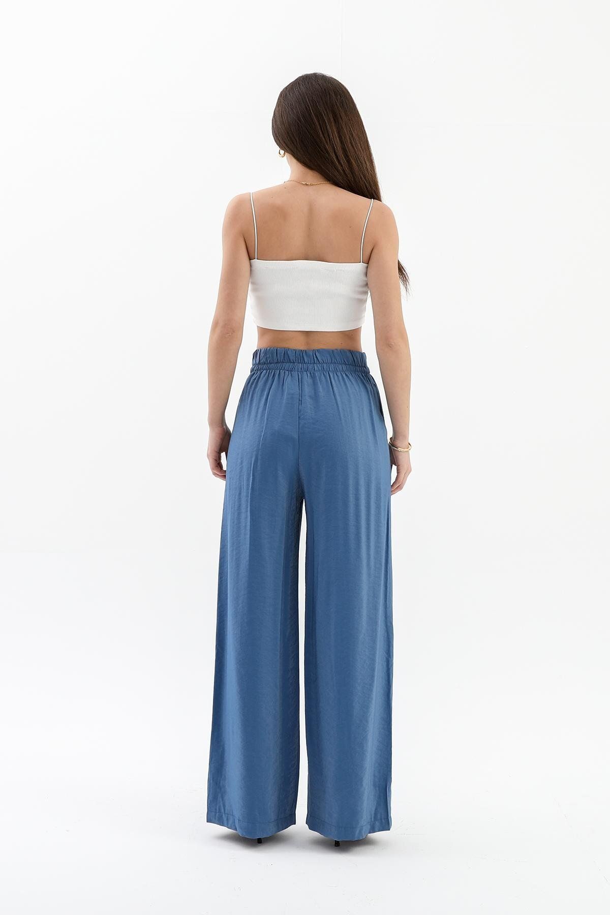 VAPUR TEKSTİL-Indigo - Shiny Linen Trousers with Pockets and Elastic Waist 5